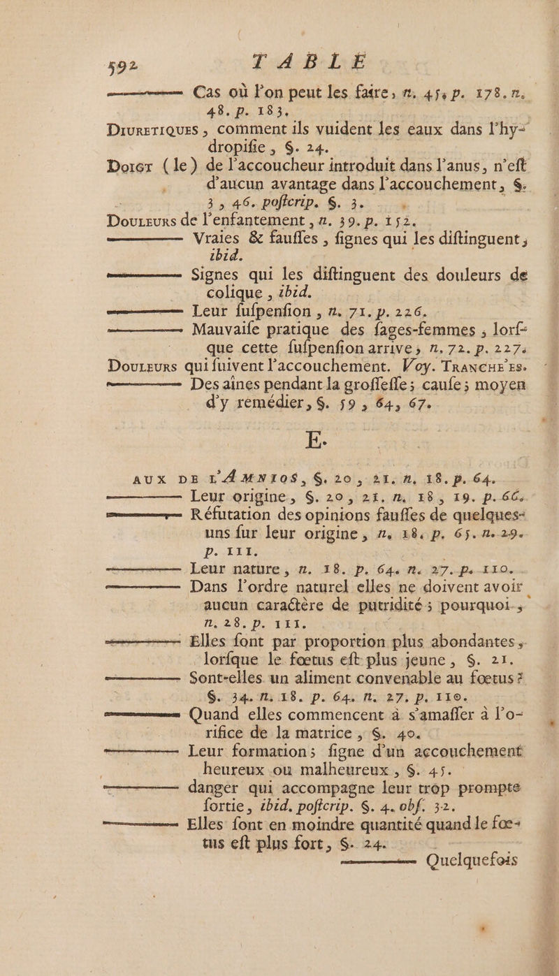 Cas où f’on peut les fadre, 1, 4fsp. 178.n. 48. p. 183, Drvreriques , comment ils vuident les eaux dans l’hy= dropifie , $. 24. Dorcr (le) de l’accoucheur introduit dans l'anus, n’eft d'aucun avantage dans l'accouchement, S. 3 » 46. poficrip. $. 3. Deus de l’enfantement , 2. 39. p. if2. va &amp; fauffes , fignes qui les diftinguent ; [4974 Signes qui les diftinguent des douleurs de colique , ébid. Leur fufpenfion , #. 71. p. 226. Mauvaife ds des fages-femmes ; lorf- que cette fufpenfon arrive; 7.72. p. 2274 Doureurs qui fuivent Sue Voy. TRANCHE'ES. Des aines pendant la groffefle; caufe; moyen d'y remédier, S$. 59 , 64, 67. TL. AUX DE LAMNIOS, 6,50, 21. n, 18. p.64. Leur origine, s 20, 2È. 7, I8, 19. p. 66. …— Réfutation des opinions faufles de quelques- uns fur leur origine, n, 18, p. 65.n.29. P. III. Leur nature, 2. 18. p, 644 14 27.-Ps-I10. Dans l’ordre naturel elles ne doivent avoir aucun caractère de putridités pourquoi.; 11, 28% DE, Elles font par proportion plus abondantes, lorfque le fœtus eft plus jeune, $. 21. - Sont-elles un aliment convenable au fœtus? $. 34.11: 18. p. 64. 1. 27, p,. 110. Quand elles commencent à s’amafñfer à l’o- rifice de la matrice , $. 40. = Leur formation; figne d'un accouchement | heureux ou malheureux , $. 45. - danger qui accompagne leur trop prompte fortie, £bid. poficrip. $. 4. obf. 32; ——— Elles font en moindre quantité quand le fo- tus eft plus fort, S. 24. Quelquefois