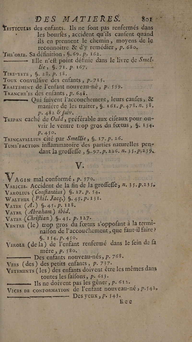 Tresricuizs des enfants. Ils ne font pas renfermés dans x les bourfés , accident qu'ils caufent quand ils en prennent le chemin, moyens de le reconnoitre &amp; d'y remédier, p. 680. ‘Tur'orts. Sa définition ; $. 69. p. 162. lies STE. p: 1:67: à Tire-TeTE, $. 28. p. 58. Toux convulfive des enfants, p.71$. Trarremenr. de l’enfant nouveau-né, p. 539. Trancur’es des enfants, p. 648. | Qui fuivent l'accouchement, leurs çaufes, &amp; manière de les traiter, $. 161.p.478.n. 58, P. 482 &amp; [uiv. | Trepax caché de Ould , préférable aux cileaux pour:ou- vrir le ventre trop gros du fœtus, $. 154. P. 450. | TRINCAVELLIUS Cité par Smellie, $, 17. p. 26. Tumx’racr10N inflammatoire des parties naturelles pen- dant Ja grofeffe , S.97.p.226.n.35j.pi239 V. Nb mal conformé , p. 570. Varcezs. Accident de la fin de la groffeffe, 2. 35.p.235. Varoztus ( Conffantius) $. 27. p. 54. | WazrHer (Phil. Jacg.) S.45.p.131. Varer (4.) S.45:p. 128. VATER (Abraham ) ibid, Varer (Chriffian) $.45$. p.127: Venrre (le) trop gros du fœtus s’oppofant à la termt- | naifon de l'accouchement , que faut-il faire ? $. 154. p.450. Vzroe (dela) de l'enfant renfermé dans le fein de fa mère , p. 580. Des enfants nouveau-nés, p. 768. Vers (des) des petits enfants, p. 737: Verements (les) des enfants doivent être les mèmes dans toutes les faifons, p. 613. Ils ne doivent pas les gêner, p. 6T2. Vices DE coNForMaTION de l'enfant nouveau-né » P.F42e mme Des YeUX , Pe 43. | | Re n.