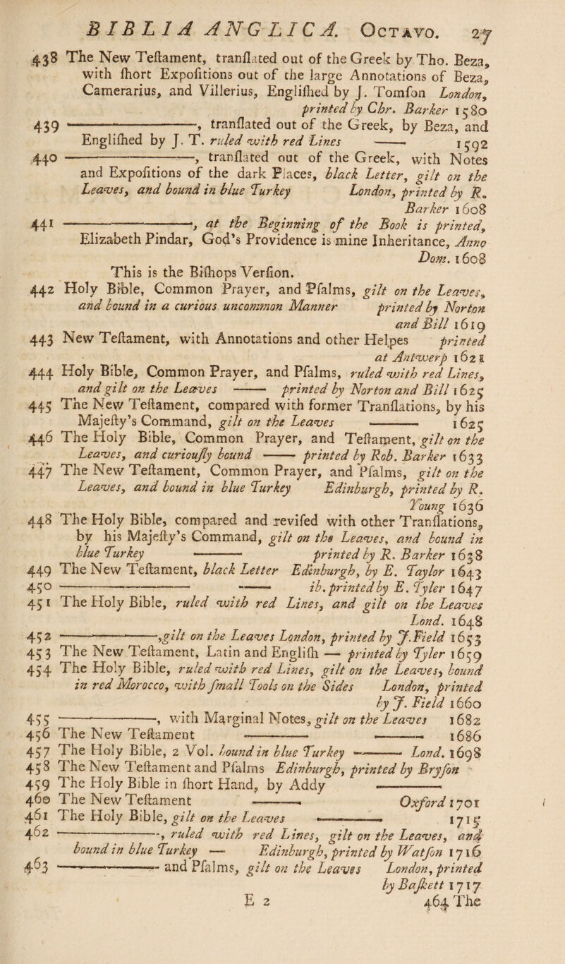 438 The New Teftament, tranflaced out of the Greek by Tho. Beza, with fhort Expofitions out of the large Annotations of Beza, Camerarius, and Villerius, Englilhed by J. Tomfon London, printed by Chr. Barker 13 80 439 *---, tranflated out of the Greek, by Beza, and Englilhed by J. T. ruled with red Lines -- 1 592 440 —--—> tranflated out of the Greek, with Notes and Expofitions of the dark Piaces, black Letter, gilt on the Leaves, and bound in blue Turkey London, printed by Barker 1608 441 ---—--> at the Beginning of the Book is printed\ ~ c* a> »/ i — — v Elizabeth Pindar, God’s Providence is mine Inheritance, Anno Dam. 1608 This is the Bifhops Verhon. 442 Holy Bible, Common Prayer, and Pfalms, gilt on the Leaves, and bound in a curious uncomsnon Manner printed by Norton and Bill 1619 443 New Teftament, with Annotations and other Hefpes printed at Antwerp 162 a 444 Holy Bible, Common Prayer, and Pfalms, ruled with red Lines, and gilt on the Leaves - printed by Norton and Bill 1623 445 The New Teftament, compared with former Tranflations, by his Majefty’s Command, gilt on the Leaves - 1625 446 The Holy Bible, Common Prayer, and Teilament, gilt on the Leaves, and curioufly bound - printed by Rob. Barker 1633 447 The New Teftament, Common Prayer, and Pfalms, gilt on the Leaves, and bound in blue Turkey Edinburgh, printed by R. Toung 1636 448 The Holy Bible, compared and xevifed with other Tranilations^, by his Majefty’s Command, gilt on the Leaves, and bound in blue Turkey -— printed by R. Barker 1638 449 The New Teftament, black Letter Edinburgh, by E. Taylor 1643 45° ------ -— — ib. printed by E. Tyler 1647 45 1 The Holy Bible, ruled vsith red Lines, and gilt on the Leaves Lond. 1648 45 2 ---*-->gilt on the Leaves London, printed by J.Field 1633 453 The New Teftament, Latin and Englifn — printed by Tyler 1659 454 The Holy Bible, ruled with red Lines, gilt on the Leaves, bound in red Morocco, with fmall Tools on the Sides London, printed by CJ. Field 1660 455 *——’-with Marginal Notes, gilt on the Leaves 1682 456 The New Teftament --- .— -- 1686 457 The Holy Bible, 2 Vol. bound in blue Turkey —- Lond. 1698 458 The New Teftament and Pfalrns Edinburgh, printed by Bryfon ' 459 The Holy Bible in Ihort Hand, by Addy —-- 460 The New Teftament ——, Oxford 1701 461 The Holy Bible, gilt on the Leaves - -—. 171 g 402 ‘ » ruled with red Lines, gilt on the Leaves, an4' 463 bound in blue Curkey — Edinburgh, printed by bVatfon 1710 --— and Pfalms, gilt on the Leaves London, printed by Bajkett 1717 E 2 464 The