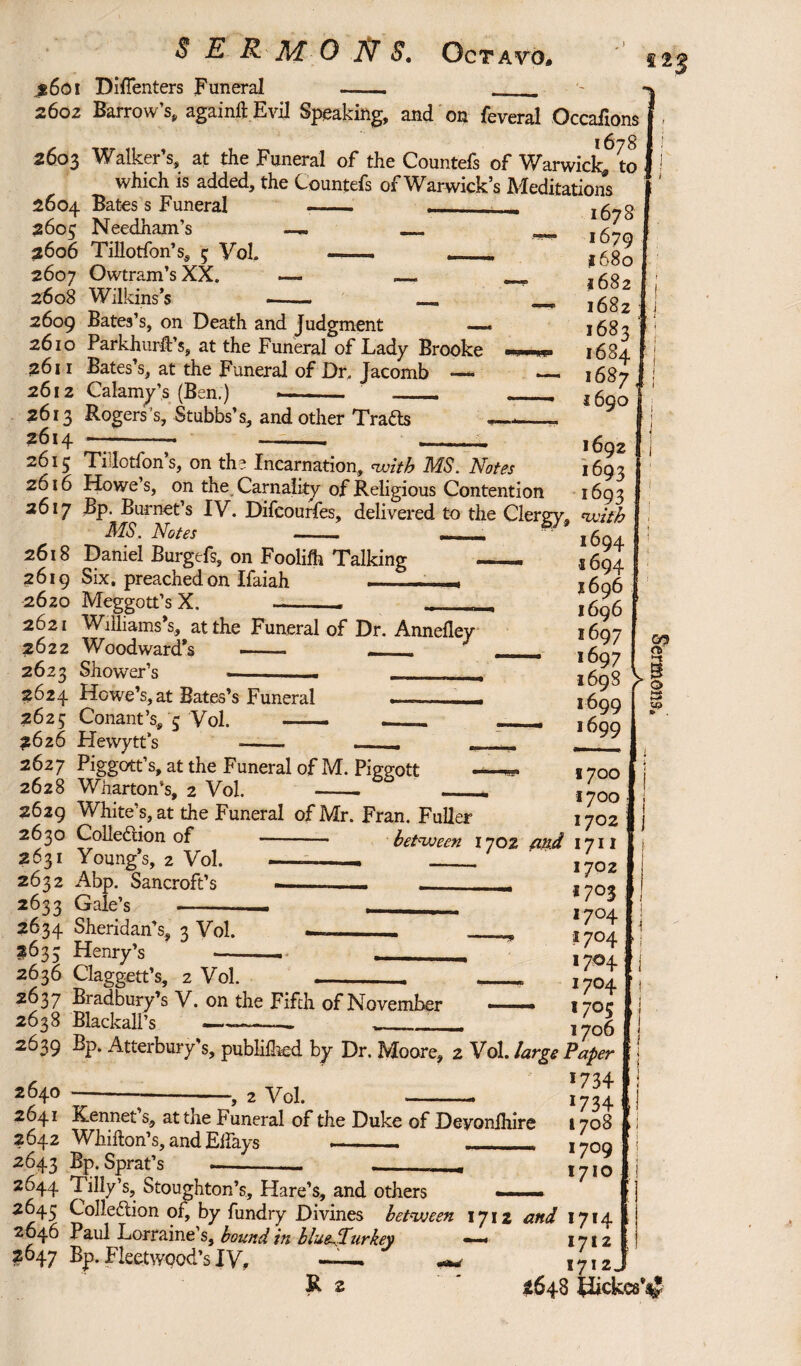 j6oi DilTenters Funeral - _-. 2602 Barrow’s, again#.Evil Speaking, and on feveral Occafions l 6 '7 8 2603 Walker’s, at the Funeral of the Countefs of Warwick,, to which is added, the Countefs of Warwick’s Meditations 2604 Bates s Funeral - ,-- 16*78 2605 Needham’s —. _ __ 2606 Tillotfon’s, 5; Vol. —.. - 2607 Owtram’sXX. — __ 2608 Wilkins’s --- _« 2609 Bates’s, on Death and Judgment — 2610 Parkhurft’s, at the Funeral of Lady Brooke 2611 Bates’s, at the Funeral of Dr, Jacomb — 2612 Calamy’s (Ben.) —_ , 2613 Rogers’s, Stubbs’s, and other Trafts 2614 S 2§ 1 2613 Ti lotfon s, on the Incarnation, with MS. Notes *693 2616 Howe’s, on the Carnality of Religious Contention 1693 2617 Bp. Burnet’s IV. Difcourfes, delivered to the Clergy, *1vith illiS*. Notes — ..- 1694 2618 Daniel Burgefs, on Foolifh Talking 2619 Six. preached on Ifaiah , 2.620 Meggott’s X. —_- - 2621 Williams’s, at the Funeral of Dr. Annefley 2622 Woodward’s —— - 2624 Howe’s, at Bates’s Funeral . 2625 Conant’s, 5 Vol. — ._ 2626 Hewytt’s -. - 2627 Piggott’s, at the Funeral of M. Piggott 2628 Wharton’s, 2 Vol. -. 2629 White’s, at the Funeral of Mr. Fran. Fuller 2630 Cohesion of 2631 Young’s, 2 Vol. 2632 Abp. Sancroft’s 2633 Gale’s s6 94 1696 1696 1697 >699 1699 1700 1700 1702 2633 Henry’s .— 2636 Claggett’s, 2 Vol. 1702 - 1703 I7°4 «■* 1704 *7°4 ^ I7O4 2637 Bradbury’s V. on the Fifch of November —■- 170c 2638 Blackall’s *-——— ,_, 1706 2639 Bp. Atterbury’s, publilhed by Dr. Moore, 2 Vol. large Paper „^^ TT , * 734 2^40 -—--—, 2 Vol. -. 2641 Kennet’s, at the Funeral of the Duke of Deyonlhire 2642 Whifton’s, andElfays _ 1_I 2643 Sprat’s *734 1708 ,7°9 1710 ■ 2644 Tilly’s, Stoughton’s, Hare’s, and others .... ..... 2645 Colleftion of, by fundry Divines between 1712 and 1714 2646 Paul Lorraine’s, bound in blue^Turkey 1712 2647 Bp. Fleetwood’s IV, — 1712. B 2 * 4648 Hickcs*a£