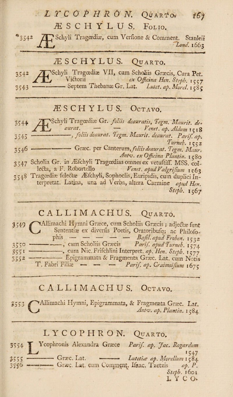 3542 L TC O P H R O N. QbARfd* ISCHYLU S. Folio. Schyli Tragoedis, cum Verfione & Comment. Stanleii Land. 1663 3542 3543 MS CHYLUS. Quarto. Schyli Tragoedis VII, cum Scholiis Graecis, Cura Pet. Victorii ex Officina Hen. Steph. 1557 —* Septem Thebans Gr. Lat. Lutet, up. Morel. 15S5 AESCHYLUS. Octavo. 3544 3545 3546 Schyli Tragoedis Gr. foliis deauratis, Tegm. Maurit. de* aurat. — — V'enet, ap. Aldum 151s ■—5 foliis deaurat. Tegm. Maurit. deaurat. Parif ap, Turneb. 1^52 — Gram. per Canterum,foliis deaurat. Tegm. Maur. Antas. ex Officina Plantin. 1 380 3347 Scholia Gr. in yEfchyli Tragoedias omnes ex vetuftiff. MSS. co-I lecta, a F. Rdboitello Venet. apudValgrifum 1^63 3348 Tragoediae fele&ae ^Efchyli, Sophoclis, Euripidis, cum duplici In¬ terpretat. Latina, una ad Verba, altera Carmine apud Hen, Steph. 1567 CALLIMACHUS. Quarto. 3549 355° 5551 3552 CAllimachi Hymni Graece, cum Scholiis Graecis j adjefta? hunt Sententiae ex diverhs Poetis, Oratoribufq; ac Philofo- phis — — — — 1— Baft, apud Froben. 1532 •-cum Scholiis Graecis Parif. apud Turneb. 1574 _____-r cum Nic.Frifchlini Interpret, ap. Hen. Steph. 1^77 ----- Epigrammata & Fragmenta Grace. Lat. cum Notis T. Fabri Filiae — — — Parif. ap. Craimoifum 167 c CALLIMACHUS. Octavo. 3553 /^Allimachi Hymni, Epigrammata, & Fragmenta Graec. Lar. Antas, ap. Plantin. 1584 LYCOPHR O N. Quarto. 3554 T Vcophronis Alexandra Graece Parif ap. fac. Rogandum Sl.J i 547 3555 *—™~——' Graec. Lat. Lutetia ap. Morellum 1584 3Sfb Grasc. Lat. cum vomni^nt. Ifinac. Tzetzis ap. P, Steph. 1601 L Y C G*