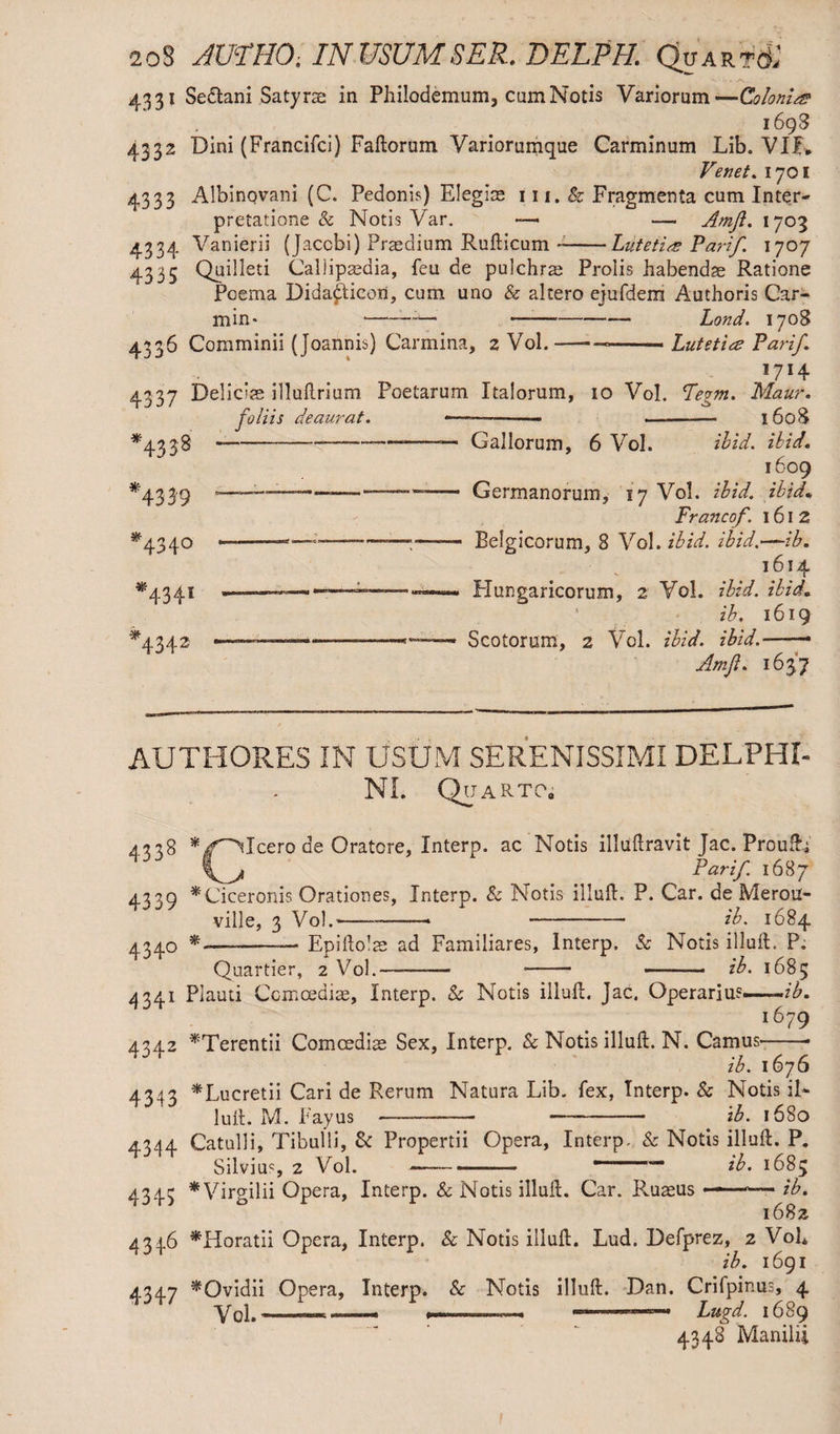 4331 Sectani Satyrs in Philodemum, cum Notis Variorum—Colonic 1698 4332 Dini (Francifci) Faftorum Variorumque Carminum Lib. VII» Venet. 1701 4333 Albinovani (C. Pedonis) Elegias 111. & Fragmenta cum Inter¬ pretatione & Notis Var. —* — Amji. 1703 4334 Vanierii (Jaccbi) Praedium Rufticum --Luteiies Parif. 1707 4335 Qudleti Callipaedia, feu de pulchra Prolis habendae Ratione Poema Dida<fticon, cum uno & altero ejufdem Authoris Car- min- --- —— - Lond. 1708 4336 Comminii (Joannis) Carmina, 2 Vol. -—- ——Lutetiae Parif. . . 17*4 4337 Deliam illuftrium Poetarum Italorum, 10 Vol. Tegm. Maur. foliis deaurat. ■— -— -—— 1608 -———--— Gallorum, 6 Vol. ibid. ibid. 1609 ———---- Germanorum, 17 Vol. ibid, ibid* Francof. 161 2 —— - Belgicorum, 8 Vol. ibid, ibid.—ib. 1614 *4338 *4339 *434° *434* *4342 —— Hungaricorum, 2 Vol. ibid. ibid. • ib. 1619 — Scotorum, 2 Vol. ibid. ibid.-- Amji. 1637 AUTHORES IN USUM SERENISSIMI DELPHI¬ NI. Quarto, 4338 4339 434° 4341 4342 4343 4344 4343 4346 4347 * /Ulcero de Oratore, Interp. ac Notis illuftravit Jac. Proulh Parif 1687 * Ciceronis Orationes, Interp. & Notis illuft. P. Car. de Merou- ville, 3 Vol.’--- - ib. 1684 *—-_ Epiftolae ad Familiares, Interp. & Notis illuft. P. Quartier, 2 Vol.——— -- - ib. 1685 Plauti Comoediae, Interp. & Notis illuft. Jac. Operarius— 167Q *Terentii Comoediae Sex, Interp. & Notis illuft. N. Camus-- ib. 1676 * Lucretii Cari de Rerum Natura Lib. fex, Interp. & Notis il¬ luft. M. Fayus -—-— — - _ 'ib. 16S0 Catulli, Tibulli, & Propertii Opera, Interp. & Notis illuft. P. Silvia?, 2 Vol. —-— r “* ib. 1685 *Virgilii Opera, Interp. & Notis illuft. Car. Ruaeus --—-— ib. 1682 ^Horatii Opera, Interp. & Notis illuft. Lud. Defprez, 2 Vol* ib. 1691 ^Ovidii Opera, Interp. & Notis illuft. Dan. Crifpinus, 4 Vol.-— -—- ————« .... Lugd. 1689 4348 Manilii