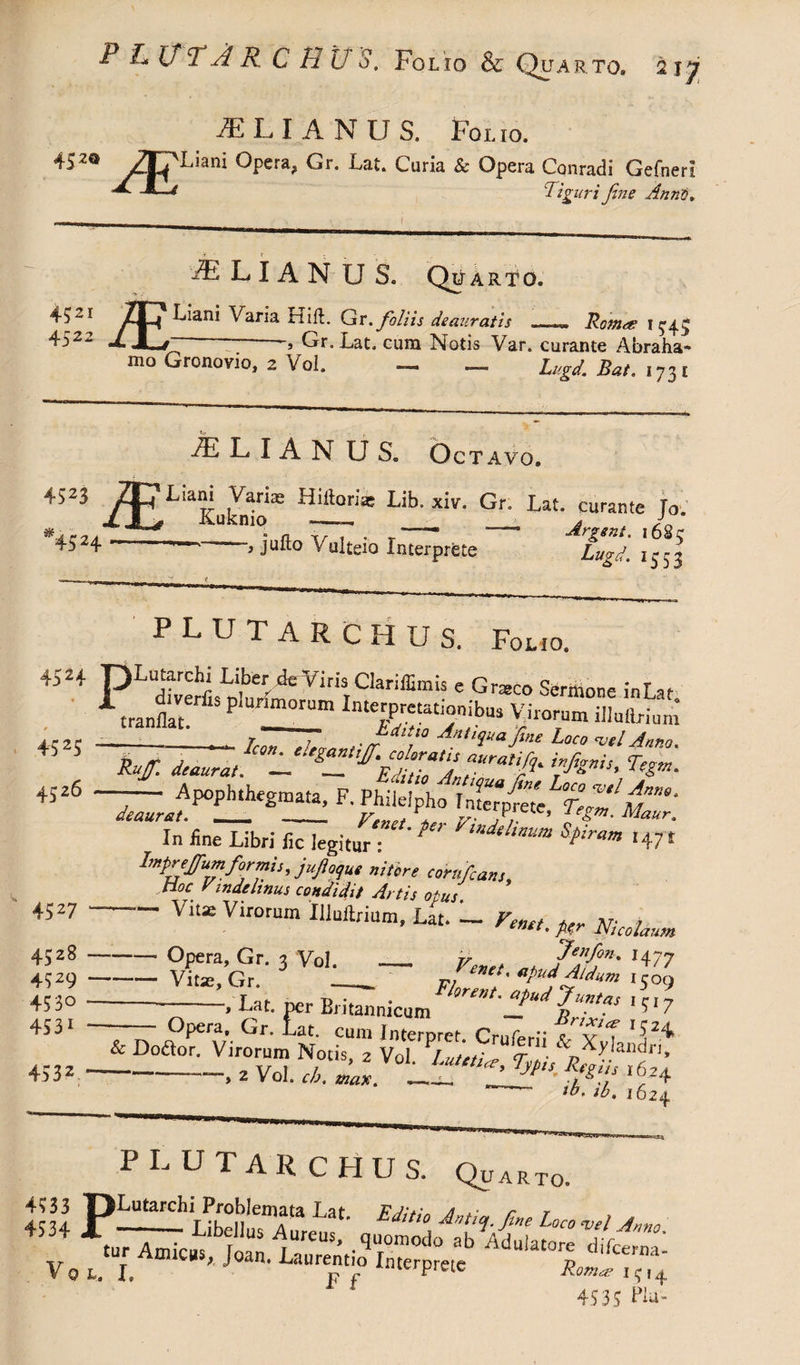 P LVTJ R C HITS. Folio & Quarto, i iELIANUS. Folio. /3L^'Liani Opera, Gr. Lat. Curia & Opera Conradi Gefneri 'liguri fine Anni. 4?2I 4522 ^ L I A N U S. Quarto, L^ni Varia Hid;. Gr. foliis deauratis_Rom# i£4£ aJL/ ■> Gr. Lat, cura Notis Var. curante Abraha- mo Gronovio, 2 Vol. Lugd. Bat. 1731 •/fH L I A N U S. Octavo. Liam Variae Hiiloriae Lib. xiv. Gr. Lat. curante To. Lukmo —=, j.Jn jufto Vulteio Interprete Lugd. 15 5 3 4524 r +525 4526 PLUTARCHUS. Folio. pLutarchi Liber ArViris Clariffimis e G raco Sermone inLat tranflm ’ P‘Unmorum interpretationibus Virorum illuilriuni .-T . dd,t,‘° loco <vel Anno. kuf. deaura'. %». ■ • • ^‘“0 ^uaftne Loo vel Anno. LUJeinnr» 1nt»...rr 4527 4528 4529 4530 45 31 4532 In fine Libri fic legitur : ,ndel'™m Spsram , 471 Inprejfumformis, jufoque nitore corn/cans, tioc r indehnus condidit Artis opus Vitae Virorum 'Muftrium, Lat. - Fens'. Hr Nicolaum -Opera, Gr. 3 V01. - v .h,7‘An' 1477 -Vitae, Gr. -. Fol'Tld*”1^ -.Lat. per Britannicum '*'7 e rv P^efw. ^r‘ ^at- cum Interpret. Cruferii &Xv\ l\2^ & Doaor. Virorum Notis, * Vol. I.u'e'sa-. %oi -—, 2 Vol. cb. max. ^ ’ T*%/J x°24 to. ib. 1624 PLUTARCHUS. Quarto. 4533 T)Lutarchi Problemata Lat Rditin a *• r r m P~ Stiri «S  /1 • T wjvu>, quomodo ac Vo r r Joan* -Laurentio Interprete * 0 L. P f r Rom^e .1^14 4535 PJa-