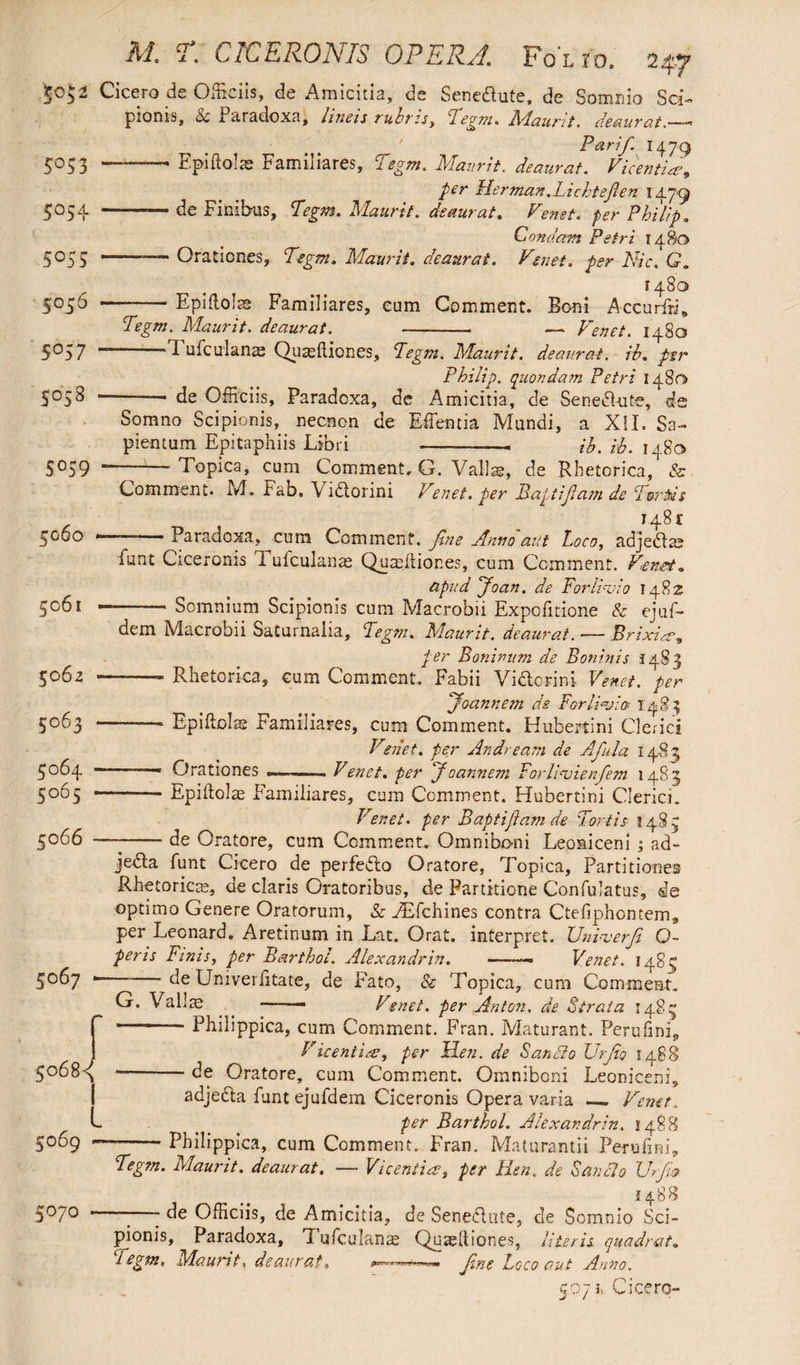 |o^ Cicero de Officiis, de Amicitia, de Sene&ute, de Somnio Sci¬ pionis, 6c Paradoxa, lineis rubris, Pegm. APaumt. deaurat—- Par if 1479 5‘053 — Epiftolae Familiares, Pegm. Maurit. deaurat. Vicentia, per Herman.Lichtejien 1479 5054 -de Finibus, Pegm. Maurit. deaurat. Venet. per Philip, Condam Petri 1480 5055 —-■ 1 ’■ Orationes, Pegm. Maurit. deaurat. Venet. A£r. G. 5°56 5°57 S058 5°59 5060 5061 5062 5063 5064 5°65 5066 5067 5068 I L 5069 - 5070 ~ 1480 '—-Epillolas Familiares, eum Comment. Boni Accurfrj, Pegm. Maurit. deaurat. - — Venet. 1480 “* Tufcu lanas Quasftiones, Pegm. Maurit. deaurat, ib. per Philip, quondam Petri 1480 —-— de Officiis, Paradoxa, de Amicitia, de Senedlute, de Somno Scipionis, necnon de Eflemia Mandi, a XII. Sa- pientum Epitaphiis Libri -- ib. ib. 1480 -'Topica, cum Comment. G. Vallae, de Rhetorica, & Comment. M. i1 ab. \ idlorini Venet. per Baptifam de Portis 1481 ——Paradoxa, cum Comment, fine Anno aut Loco, adjedla? funt Ciceronis Tufculanae Qumftiones, cum Comment. Venet. apud foan. de For linei 0 14.82 — -Somnium Scipionis cum Macrobii Expofitione & ejuffi dem Macrobii Saturnalia, Pegm. Maurit. deaurat. — Brixia-■, per Boninum de Bonin is 1483 --- Rhetorica, cum Comment. Fabii Victorini Venet. per jfaannem de ForlPjlo-, 1483 —-— Epiftol^ Familiares, cum Comment. H uberti ni Clerici Venet, per Andream de Afula 1483 * Orationes . Venet. per f 0annem Porlinjienfem 1483 -Epiliolae Familiares, cum Comment. Hubertini Clerici. Venet. per Baptijlam de Portis 1483 --de Oratore, cum Comment. Gmniboni Leoniceni ; ad- jedta funt Cicero de perfeilo Oratore, Topica, Partitiones Rhetorica?, de claris Oratoribus, de Partitione Confulatus, de optimo Genere Oratorum, & .TEfchines contra Ctefiphontem, per Leonard. Aretinum in Lat. Orat, interpret. Uniuerfi Q- peris Finis, per Barthol. Alexandrin. —• Venet. 1485 Univerfitate, de Fato, & Topica, cum Comment. G. Valla? . . -— Venet. per Anton, de Strata 1483 -Philippica, cum Comment. Fran. Maturant. Perufini,, V icentia, per Hen. de S an dio Urjio 1488 ~—-Oratore, cum Comment. Omniboni Leoniceni, adjedla funt ejufdem Ciceronis Opera varia — Venet. per Barthol. Alexandrin. 1488 --Philippica, cum Comment, Fran. Maturantii Peru fini, Pegm. Maurit. deaurat. — Vicentia, per lien. de Sancio Vrfitt 1488 — - de Officiis, de Amicitia, de Senedlute, de Somnio Sci¬ pionis, Paradoxa, Tufculanas Quaeltiones, literis quadrat. legm, Maurit % deaurat» fine Loco aut Anno. 5071.. Cicero-