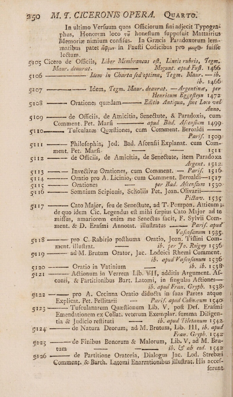 In ultimo Verfuum quos Officiorum fini adjecit Typogra¬ phic, Honorem loco rS honefium fuppofuit Mattairius Memoris nimium confifus. In Graecis Paradoxorum lem¬ matibus patet opfKtfiM in Paulli Codicibus pro fuilfe Icdlum. fl 05 Cicero de Officiis, Liber Membraneus eft, Lineis rubris, <Fegma Maur. deaurat. —- Mogunt. apudFuji. 1466 -106 ———-—-— Idem in Charta fed optima, Tegm. Maur. —ib. ib. 1466 gicy ——-«-*——- Idem, Tegm. Maur. deaurat. —Argentines, per ■ Henri cum Eggefieyn 1472 5108 —-— Orationes quadam.--— Editio Antiqua, fine Loco njel Anna. 5109 „—— de Officiis, de Amicitia, Sene&ute, & Paradoxis, cum. Comment. Pet. Marfi -—— apud Bad. Afcenftutn 1499 <4110_, Tufculans Quaeftiones, cum Comment. Beroaldi -• Farif 1509' r 111-Philofophia* Jod; Bad. Afcenfii Explanat, cum Com¬ ment. Pet; Marfi- -- --- 15 IS i~112-de Officiis, de Amicitia, de Senedlute, item Paradoxa Argent. 1512; 5113 ——— Invediivte Orationes,, cum Comment. — Parif. 1516 5114 --Oratio pro A. Licinio^ cum Comment. Beroaldi—1517 g:i 15 -—-— Orationes •- fer Bad'. Afcenftum 15 30- £7116 ——— Somnium Scipionis, ScKoliis Pet. Joan. Olivarii-- Pi£ia<v. 1535 *fi 18 5119 5120 5*121 '5-122 5123 -— Cato Major, feu de Seneclute, ad T. Pompon. Attieum ^ dequo idem Cic. Legendus ell mihi faepius Cato Major ad te miffus, amariorem enim me Senedlus facit, F. Sylvii Com¬ ment. & D. Erafmi Annotat, illuftratus ~~ Parif apul Vafcofanum I 535, -* pro C. Rabirio pofihuma Oratio, Joan. Tillini Com¬ ment. illuftrat. - ib. per Jo. Roigny 1536- --- ad M. Brutum Orator, Jac. Lodoici Rhemi Comment. ib. apud Vaf cofanum 153 6 -Oratio in Vatinium —- ib. ib. 153&' -- Adionum in Verrem Lib. VII, additis Argument. Af- conii, & Partitionibus Bart. Latomi, in fingulas Adioncs—••• ib. apud Fran. Gryph. 1538^ : --- pro A, Cecinna Oratio diduda in fuas Partes atque Explicat. Pet. Pellitarii >— Parif apud Colinaum x 540* ji -Tufcnlanarum Quasftionum Lib. V. poll Def. Erafmi Emendationem ex Collat. veterum Exemplar, fumma Diligen¬ tia St judicio reftituti -- ib. apud Fileta.num 1542. —-cie Natura Deorum, ad M. Brutum, Lib. Ill, ib. apud Fran. Gryph. 154z -- de Finibus Bonorum & Malorum, Lib. V, ad M. Bru¬ tum —— —ib. & ab eod. 154-^ -- de Partitione Oratoria, Dialogus Jac. Lod. Strebaei Comment, Barth, Latomi Enarrationibus illuftrat* His accef- ferunk-