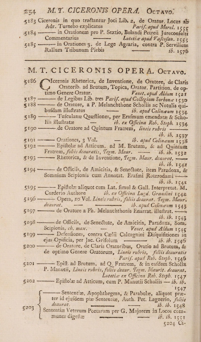 -*5+ M.V. CICERONIS OPERA. Octavo,: 5183 Ciceronis in quo traTantur Joci Lib* 2, de Orator. Locus i% Adr. Turnebo explicatus Pari/, apud Morel. 1 ,5184 —-- in Orationem pro P. Sextio, Solandi Petreii Jureconfultl Commentarius -—— Lutetia apud 'Vafcofan. 1555 .5183-—r—in Orationes'3, de Lege Agraria, contra P. Serviliuua Rallum Tribunum Plebis --- ib. 1576 5186 5187 5188 5189 5190 5191 519 2 5193 5194 5? 9 5 5196 5*9 7 5198 Si 99 5200 ■ 5201 • 5202 ■ T.C1CERO NI S OPERA. Octavo. Ciceronis Rhetorica, de Inventione, de Oratore, de Claris Oratorib. ad Brutum, Topica, Orator. Partition, de op¬ timo Genere Orator. Fanet, apud Aldum 1^21 —-de Legibus Lib. tres Par if. apud'-Collegium Sorb on a 1530 -— de Oratore, a P. Melanchthone Scholiis ac Notulis qui» bufdam illuftratus --- ib. apud Colinaum 1534 -Tufculanse Quseltiones, per Erafmum emendata 8c Scho- liis illuftratae —- ib. ex Officina Rob. Steph. 2534 —— de Oratore ad Quintum Fratrem, lineis rubris ——- ib. ib. 1537 —’— Orationes, 3 VoL — ib. apud Colinaum 1538 --— Epiilolae ad Atticum, ad M. Brutum, & ad Quintum FratrQm, foliis deauratis, fegm. Maur.-— ib. ih. 1532 ———- Rhetorica, & de inventione, Tegm. Maur. deaurat. —» ib. ib. 1541 de Officiis, de Amicitia, & Sene Tute, item Paradoxa, &■ Somnium Scipionis cum Annotat. Erafmi Roterodami ib. ib. l ■—— Epiflolas aliquot cum Lat. fimul & Gall. Interpretat. M Corderio Authore ib. ex Officina Lugd. Grandini 1541 pera, ;io Vol. Lineis rubris, foliis deaurat. cTegm. Maur. deaurat. -—- ih. apmdCojinesum 1545 de Oratore a Ph. Melanchthonis Enarrat, iiluftrat. ib. ib. 1543 —— de Officiis, de Sene Tute, de Amicitia, Paradoxa, Soni» Scipionis, ch. max. — Venet. apud Aldum 1543 -Defenliones, contra Caelii Calcagnini Difquihtiones in ejus Opificia, per Jac. Grifolum —-- ib. ib. 4546 de Oratore, de Claris Oratoribus, Oratio ad Brutum, & I203 de optimo Genere Oratorum, Lineis rubris, foliis deauratis Parif. apud Rob. Steph. 1546 —-- Epift. ad Brutum, ad Q^Fratrem, & in eafidem Scholia P. Manutii, Lineis rubris, foliis deaur. Legrn. Maurit. deaurat. Lutetiae ex Officina Rob. Steph, 1 54,7 —-—— Epiftols ad Atticum, cum P. Manutii Scholiis — ib. ib. T54 7 f—-Sententise, Apophthegms, A Parabola;, aliquot prae¬ ter id ejufidem piae Sententia, Auth. Pet. Lagnerio, foliis deaurat. ——- --- ib. ib.' 1548 | Sententim Veterum Poetarum per G. Majorem in Locos cora- L munes digeilce . — ib. ib. 1531 5204 CL