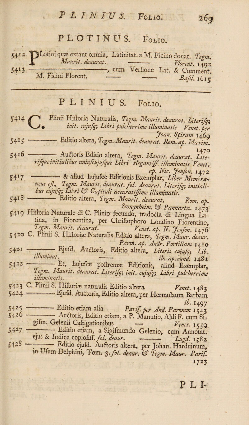 P L I JV 1 U S. Folio, 26of- PLOTINUS. Folio. 5412 Tp'Lotim qua? extant omnia, Latinitat. a M. Ficino donat. Tegm* Maurit. deaurat. * —- Florent. 1492 ^415 - , cum. Verfione Lat. & Comment. M. Fiam Florent, — —. ,6i5 54*5 5416 |4T7 54*8 5419 5420 542-1 5422 c. PLINIUS. Folio. Plinii Hiftoria Naturalis, 7Vgm Maurit. deaurat. Literifqi init. cujufqj pulcherrime illuminatis Venet. per _ ,, 7^- Spiram 1469 Editio altera, ^ egm. Ivlaurit. deaurat. Rom. ap. Maxim. v r i Auctoris Editio altera, Tegm. Maurit. deaurat. Lite- rif que initialibus uniufcujufque Libri elegantiff. illuminatis Venet, ap. Nic. Jenfon. 1472 ^ ^ «diud hujufce Editionis ExcmplcLr^ Libcp Mfcm [viz* neus ef, legrn. Maurit. deaurat. fol. deaurat. Liter ifq\ initiali¬ bus cujufq'. Libri U Capituli accuratifjime illuminatis. ——— Editio altera, Tegm. Maurit. deaurat, Rom. ap. Sweynheim. & Pannartz. 1475 Hiftoria Naturale diC. Plinio fecundo, tradoda di Lingua La- tma, in Fiorentina, per Chriflophoro Londino Florentine, Tegm.^Maurit. deaurat. _ Venet. ap. N. Jenfon. 1476 C. Plinii S. fiiilorue Naturalis Editio altera, 'Tegm. Maur. deaur« < farm. ap. Jlndr. Portiliam 1480 Ejufd. Au floris. Editio altera. Literis cujufqLibm illuminat. -- ib. ap.eund. 1481 5423 5424 542$ 5426 5427 Et, hujufce poftremse Editionis, aliud Exemplar, Tegm. Maurit. deaurat. Literifqi init. cujufq; Libri pulcherrima illuminatis. C- Plmii s. Hiitoriae naturalis Editio altera Venet. 1483 Ejuid. And oris. Editio altera, per Hermolaum Barbam . b I497 ' Emtio etiam alia Parif per Find. Parnmm 1543 ~ ‘ Audoris, Editio etiam, a P. Manutio, Aldi F. cum Si- gifm. Gelenii Caftigationibus —* Venet. 1559 * i Editio etiam, a Sigifmundo Gelenio, cum Annotat, ejus & Indice. copiofilf. fol._ deaur. - Lugd. 1582 . Editio ejufd. Audoris altera, per Johan. Harduinum, an Uilim Delphini, Tom. 3 .foL deaur. U1 cfegm. Maur. Parif i?23 P L I-