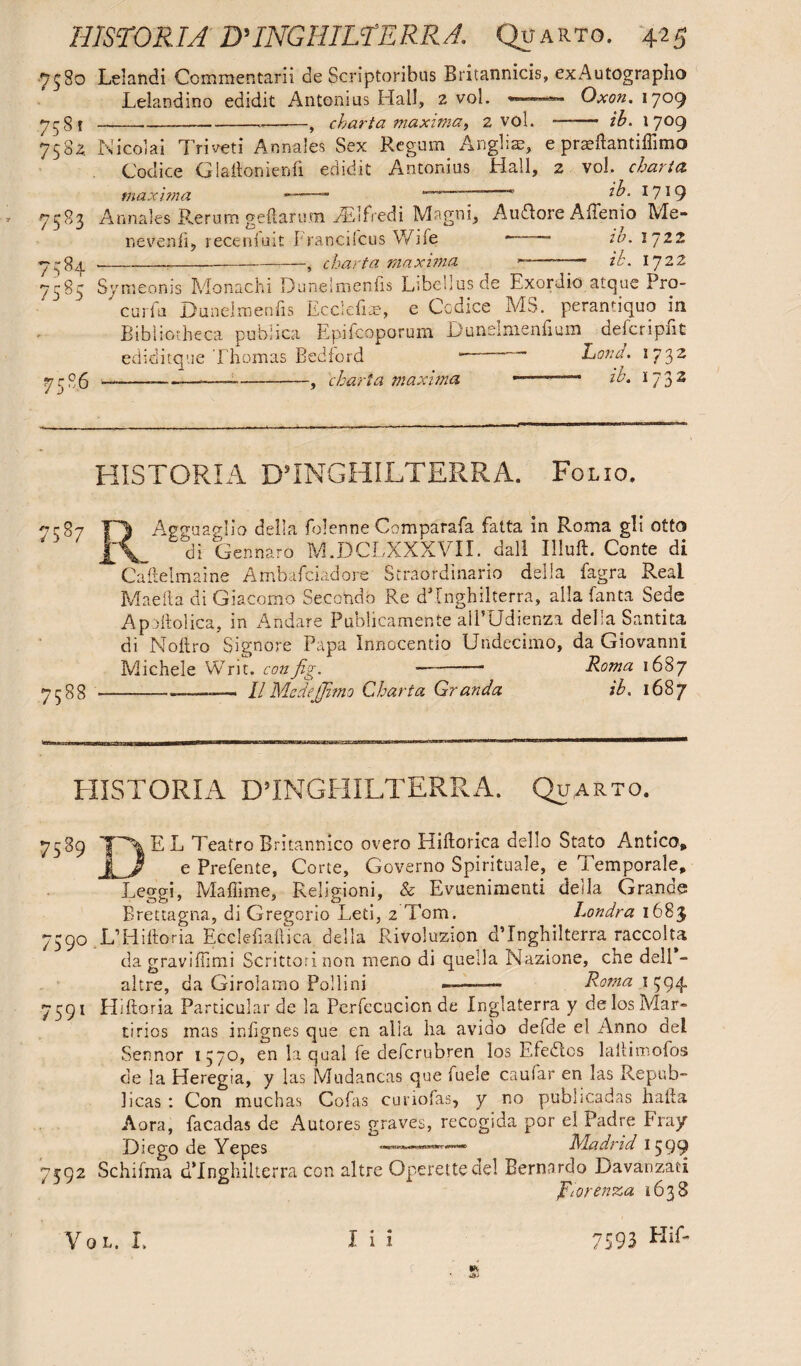 M 'v) HISTORIA DHNGHILTERRA. Quarto. 425 7580 Lei and i Commentarii de Scriptoribus Britannicis, exAutographo Lelandino edidit Antonius Hall, 2 vol. Oxon. 1709 7581 ----—9 charta maxima, 2 vol. ——- ib. \ 709 7582 Nicolai Trivcti Annales Sex Regum Anglia?, e prseftantiffimo Codice Glattonienfi edidit Antonius Hall, 2 vol. charta t 7583 Annales Rerum geftarum TElfredi Magni, Audlore AfTenio Me- neve-nii, recenfuit Franciicus Wife * ib. 1722 --——, charta maxima ■—- ib. 1722 585 Symeonis Monachi Duneimenfis Libellus de Exordio atque Pro- ' curfu Duneimenfis Eccleiim* e Ccdice MS. perantiquo in Bibliotheca publica Rpifcoporum Dunelmenfium defcripfit ediditque Thomas Bedford -- Lord. 1732 7-86 —-—-— -, charta maxima -—ib. 1732 HISTORIA DTNGHILTERRA. Folio. 7^87 O Agguaglio della folenne Comparafa fatta in Roma gli otto di Gennaro M.DCLXXXVII. dall Illuft. Conte di Caftelmaine Atabafciadore Straordinario della fagra Real Mae ft a di Giacomo Secohdb Re dMnghil terra, alia fanta Sede Ap dlolica, in Andare Publicamente ali’Udienza della Santita di Noftro Signore Papa Innocentio Undecimo, da Giovanni Michele Writ, con fig. —-* Roma 16S7 7388--———— II Medejfimo Charta Granda ib. 1687 HISTORIA DTNGHILTERRA. Quarto. 7589 T''“\ E L Teatro Britannico overo Hiftorica dello Stato Antico,, JR/ e Prefente, Corte, Governo Spirituale, e Temporale, Leggi, Maffime, Religioni, & Evuenimenti della Grande Brettagna, di Gregorio Leti, 2 Tom. Londra 1683 7590 L’Hiftoria Ecclefiaftica della Rivoluzion d’Inghilterra raccolta da graviffimi Scrittorinon mono di quella Nazione, che dell - altre, da Girolamo Pollini Roma 1594 7591 Hiftoria Particular de la Perfecucion de Inglaterra y delos Mar» tirios mas infignes que en alia ha avido defde el Anno del Sennor 1570, en la qual fe defcrubren los Efedlcs laiiimofos de la Heregia, y las Mudancas que fuele caufar en las Repub- licas : Con muchas Cofas curiofas, y no publicadas hafta Aora, facadas de Autores graves, recogida por el Padre Fray Diego de Yepes Madrid 1599 7392 Schifma d’Inghilterra con altre Operettedel Bernardo Davanzati fiorenza 11638 Vol. I. lii 7593 Hif-