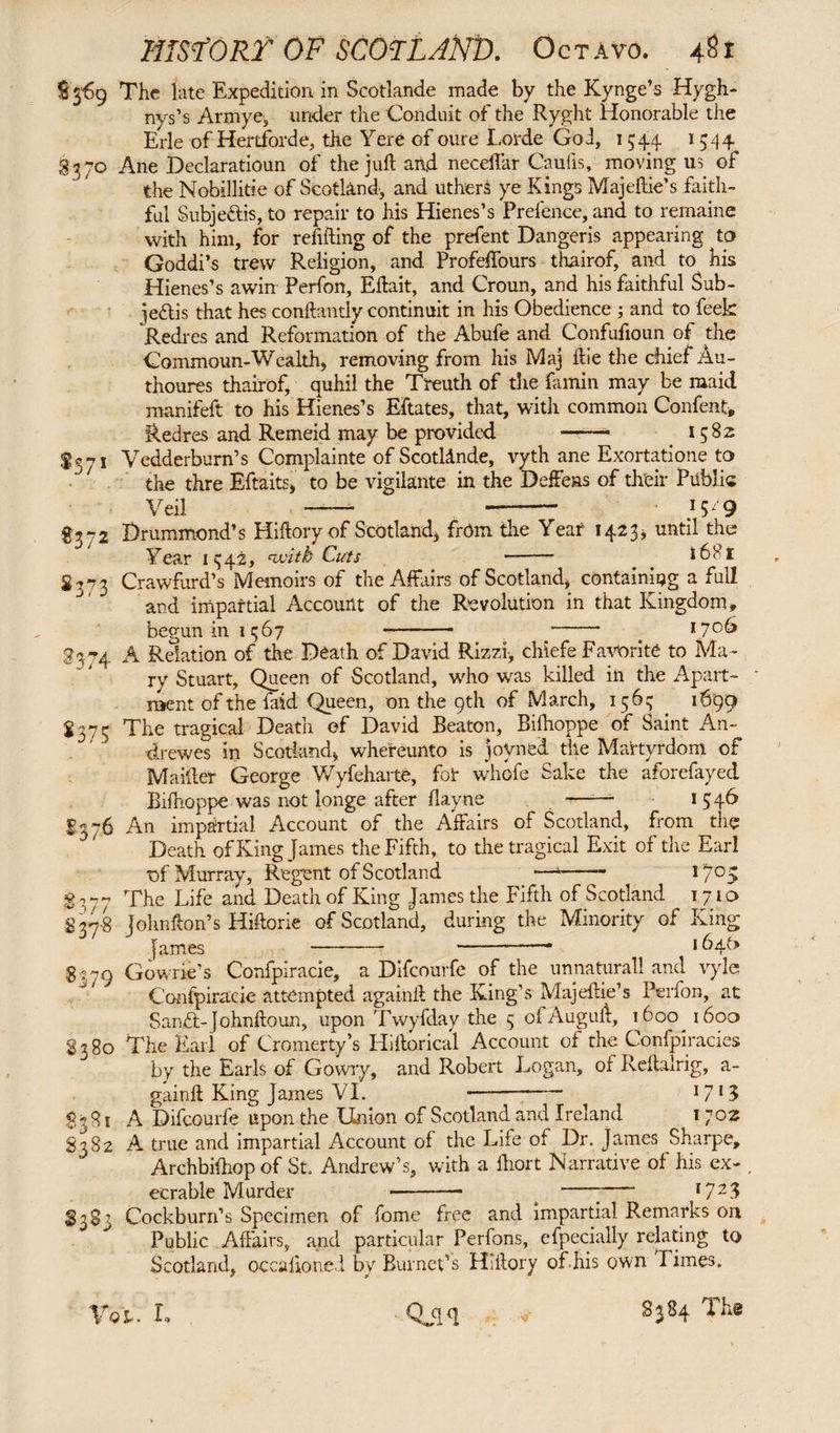 3J7° *57' *372 *373 *374 *375 S376 §377 S378 Sj79 8380 8381 8382 B3S3 msfORY OF SCOTLAND. Octavo. 481 The late Expedition in Scotlande made by the Kynge’s Hygh- nys’s Armye, under the Conduit of the Ryght Honorable the Erie of Hertforde, the Yere of cure Lorde God, 1544 1544 Ane Declaratioun of the juft and neceftar Caulis, moving us of the Nobillitie of Scotland-, and uthers ye Kings Majeftie’s faith¬ ful Subje&is, to repair to his Hienes’s Prefence, and to reinaine with him, for refilling of the prefent Dangeris appearing to Goddi’s trevv Religion, and Profeffours thairof, and to his Hienes’s awin Perfon, Eftait, and Croun, and his faithful Sub¬ jectis that hes conftandy continuit in his Obedience ; and to feek Redres and Reformation of the Abufe and Confufioun of the Commoun-Wealth, removing from his Maj ftie the chief Au- thoures thairof, quhil the Treuth of the famin may be maid manifeft to his Hienes’s Eftates, that, with common Confent* Redres and Remeid may be provided —■— 1582 Vedderburn’s Complainte of Scotldnde, vyth ane Exortatione to the thre Eftaits, to be vigilante in the Deffens of their Public Veil — -- 15 9 Drummond’s Hiftory of Scotland, from the Year 1423* until the Year 1442, •with Cuts - 1681 Crawfurd’s Memoirs of the Affairs of Scotland, containing a full and impartial Account of the Revolution in that Kingdom, begun in 1367 -- - _ 1706 A Relation of the Death of David Rizzi, chiefe Favorite to Ma¬ ry Stuart, Queen of Scotland, who was killed in the Apart¬ ment of the laid Queen, on the 9th of March, 156c; 1699 The tragical Death ef David Beaton, Bifhoppe of Saint An- drewes in Scotland, whereunto is joyned the Martyrdom of Maifter George Wyfeharte, for whole Sake the aforefayed Bifhoppe was not longe after flayne _ 1546 An impartial Account of the Affairs of Scotland, from the Death of King James the Fifth, to the tragical Exit of the Earl of Murray, Regent of Scotland —-- 17°> The Life and Death of King James the Fifth of Scotland 171a Johnfton’s Hiftorie of Scotland, during the Minority of King fames - --* 164^ Cowrie’s Confpiracie, a Difcourfe of the unnatural! and vyle Confpiracie attempted againil the King’s Majeftie’s Perfon, at Sanft-Johnftoun, upon Twyfday the 5 ol Augull, 1600 1600 The Earl of Cromerty’s Hiftorical Account of the Confpiracies by the Earls of Gowry, and Robert Logan, of Reftalrig, a- gainft King James VI. —- 1713 A Difcourfe upon the Union of Scotland and Ireland 1702 A true and impartial Account of the Life of Dr. James Sharpe, Archbifhop of St. Andrew’s, with a fhort Narrative of his ex¬ ecrable Murder —-- t ---* 172 3 Cockburn’s Specimen of fome free and impartial Remarks on Public Affairs, and particular Perfons, efpecially relating to Scotland, occafioned by Burnet’s Hiftory ofhis own Times. Oil ft S384 The l Q1 • h