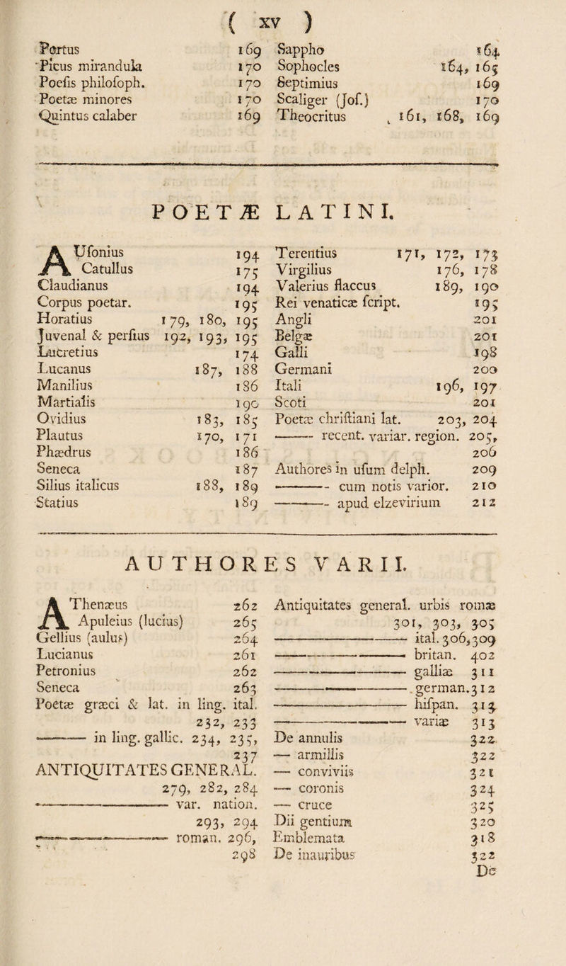 ( ™ ) 164 Picus mirandula 170 Sophocles 164, 165 Poefis philofoph. 170 Septimius 169 Poetas minores 170 Scaliger (jof.) 169 Theocritus 170 Quintus calaber , 161, 168, 169 p 0 e t m LATINI. ■ A Ufonius 194 Terentius 171, 172, z73 jr\ Catullus !75 Virgilius 176, 178 Claudianus IQ4 Valerius flaccus 189, 190 Corpus poetar. *95 Rei venaticae fcript. i9; Horatius 179, 180, z95 Angli 201 Juvenal & perlius l92> z93> J95 Belgse 201 Lucretius U4 Galli 198 .Lucanus 287, 188 Germani 200 Manilius 186 Itali 196, r97 Martialis lqo Scoti 201 Ovidius 183, 185 Poetae chriftiani lat. 203, 204 Plautus l7°> 171 -recent, variar. region. 205, Phaedrus 186 206 Seneca 187 Authores in ufuni delph. 209 Silius italicus 188, 189 --cum notis varior. 210 Statius 189 -apud elzevirium 212 A U T H O R E S VARII. \ Thenasus 262 XjL Apuleius (lucius) 265 Gellius (aulu?) 264 Lucianus 261 Petronius 262 Seneca 263 Poetae graeci & lat. in ling. ital. 232, 233 -in ling, gallic. 234, 233, 237 ANTIQUITATES GENERAL, 279, 282, 284 •--—— var. nation. 293, 294 roman. 296, 298 Antiquitates general, urbis romss 3°L 303» 303 ---- ital. 306*309 — .». ■ britan. 402 — -gallise 3 11 — --. german.312 ™——-hifpan. 31 3. 322 322 321 324 323 320 318 322 Du De annulis armillis — conviviis —- coronis — cruce Dii gentium Emblemata De inauribus i