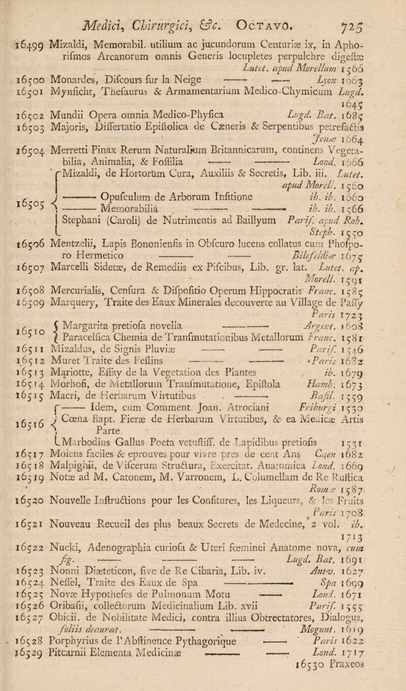 16499 16500 16501 36502 16503 16504 f 16505 ■< 16506 16507 16508 16509 16510 165 I I i.6; 12 165 ! 2 16514 16515 16516 16517 16518 16519 16520 16521 16522 16523 16524 16525 1 6526 16527 16528 J6529 Mizaldi, Memorabil. utilium ac jucundorum Centuriae ix, in Apho- rifmos Arcanorum omnis Generis locupletes perpulcbre digeffee Lutet, apud Morellum 1566 Monardes, Difcours fur la Neige —— —»— Lyon 1663 Mynficht, Tiiefaurus & Armamentarium Medico-Cliymicum Lugd» 1645 Mundii Opera omnia Medico-Phyfica Lugd. Bat. 1685 Majoris, Differtatio Epiiioiica de Cameris h Serpentibus pstrefaftis Jeiue 1664 Merretti Pinax Rerum Naturalkim Britannicarum, continens Vegeta¬ bilia, Animalia, & Foffilia —--—- Lond. 1666 Mizaldi, de Hortortim Cura, Auxiliis & Secretis, Lib. iii. Lutet. apud MoreII. 1560 —-—- Opufculum de Arborum Infitione ib. ib. 1660 --Memorabilia —-—— —---■» ib. ib. 1 566 Stephani (Caroli) de Nutrimentis ad Baillyum Part'f. apud Rob. L Steph. 1550 Mentzelii, Lapis Bononienfis in Obfcuro lucens collatus cum Phofpo- ro Hermetico -- - Bilefeldia 1675 Marcelli Sidetae, de Remediis ex Pifcibus, Lib. gr. lat. Lutet, ap. Morell. 1 5 9 e Mercurialis, Cenfura & DifpoBtio Operum Hippocratis Franc. 1585 Marquery, Traite des Eaux Minerales decouverte au Village de Paffy Paris 1723 5 Margarita pretiofa novella —— ■——- Argent. »608 l Paracelilca Chemia de Tranfmutationibus Metallorum franc. 1581 Mizaldus, de Signis Pluviae —— -- Par if 1546 Muret Traite des Fefdns ——— ~~—-—■ * Paris 1682 ib. 16 79 Hamh. 1673 Bajil. 1559 Fr i burgi 1530 Mariotte, Effay de la Vegetation des Plantes Morhofi, de Metallorum Tranfmutatione, Epiilola Macri, de Herbarum Virtutibus - Idem, cum Comment, Joan. Atrociani j Ccena Bapt. Fierse de Herbarum Virtutibus, & ea Meuicae Artis 1 Parte LMarbodius Gallus Poeta vetuflifif. de Lapidibus pretiolis 1531 Moiens faciles & eprouves pour vivre pres de cent Ans Caen 1682 Malpigh-ii, deVifcerum Struflura, Exercitat. Anatomica Lond. 1669 Notae ad M, Catonem, M. Varronem, L. Columellam de Re Ruftica Romae >587 Nouvelle Inftru&ions pour les Confitures, les Liqueurs, h les Fruits Paris 1708 Nouveau R.ecueil des plus beaux Secrets de Medecine, 2 vol. ib. 1713 Nucki, Adenographia curiofa & Uteri feminei Anatome nova, cum fig. —— --- ——- Lugd. Bat. 1691 Nonni Diaeteticon, five de Re Cibaria, Lib. iv. Antas. 1627 NeiTel, Traite des Eaux de Spa --— -- Spa 1699 Novae Hypothefes de Pulmonum Motu —— Lond, 1671 Oribafii, colledtorum Medicinalium Lib. xvii Pari/. 1555 Obicii. de Nobilitate Medici, contra illius Obtrectatores, Dialogus, foliis deaurat. -■— ——- Mogunt. 1619 Porphyrias de PAbfiinence Pythagorique -—— Paris 1622 Pitcarnii Elementa Medicinae —-- — Lond. 1717 16530 Praxeos