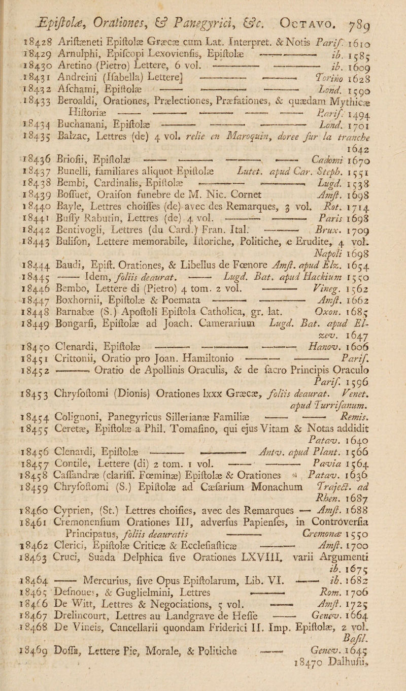 18428 Arifeneti Epiftolae Graecas cum Lat. Interpret. & Notis Par if, 1610 18429 Arnulphi, Bpifcopi Lexovienfis, Epiftolae — -ih. j *8430 Aretino (Pietro) Lettere, 6 vol. -— --—— ih. 1609 18431 Andreini (Ifabella) Lettere] — - —— Torino 1628 18432 Afchami, Epiftolae - Land. i;qo 18433 Beroaldi, Orationes. Praelectiones, Praefationes, & quaedam Mythic® Hift oriae - 18434 Buchanani, Epiftolae 7 7 1494 Lend. i 701 18433 Balzac, Lettres (de) 4 vol* relie en Maroquin, dor e e fur la tranche 1642 18436 Briofii, Epiftolae ——- —-—- - ~ Cadomi 1670 apud Car. Steph. 1351 —-——-■ Lugd. 1538 Ajnft. 1698 ?437 Bunelli, familiares aliquot Epiftolae Lutet. 18438 Bembi, Cardinalis, Epiftolae -——— 18439 BofTuet, Oraifon funebre de M. Nic. Cornet 18440 Bayle, Lettres choiffes (de) avec des Remarques, 3 vol. Rot. 1714 18441 Buffy Rabutin, Lettres (de) 4 vol. -—- —— Paris 1698 18442 Bentivogli, Lettres (du Card.) Fran. Ital.--— Brux. 1709 18443 Bulifon, Lettere memorabile, Iftoriclie, Politiche, e Erudite, 4 vol. Napoli 1698 18444 Baudi, Epift. Orationes, & Libellus de Fcenore Amft. apud Elz. 1654 18445 - Idem, foliis deaurat. --* Lugd. Bat. apud Hackium 1550 18446 Bembo, Lettere di (Pietro) 4 toni. 2 vol. - Vineg. 1562 18447 Boxhornii, Epiftolae & Poemata *-—----- Amft. i66z 18448 Barnabae (S.) Apoftoli Epiftola Catholica, gr. lat. Oxon. 1683 18449 Bongarft, Epiftolae ad Joach. Camerarium Lugd. Bat. apud El- zeov. 1647 18450 Clenardi, Epiftolae-- -————- — -Hanov. 1606 18451 Crittonii, Oratio pro Joan. Hamiltonio-- - Parif. 18452 Oratio de Apollinis Oraculis, & de facro Principis Oraculo Parif. 1596 18433 Chryfoftomi (Dionis) Orationes lxxx Graecae, foliis deaurat. Venet. apud Turrifanum. 18454 Colignoni, Panegyricus Sili er ianae Familiae -- -- Remis, 18455 Ceretae, Epiftolae a Phil. Tomaftno, qui ejus Vitam & Notas addidit Pata<v. 1640 18456 Clenardi, Epiftolae -— ————— Antv. apud Piant. 1566 18457 Contile, Lettere (di) 2 tom. 1 vol. —-—-- Pa<via 1564 18458 CalTandrae (clariif. Foeminae) Epiftolae & Orationes Pata<v. 1636 18459 Chryfoftomi (S.) Epiftolae ad Caefarium Monachum Trajedi. ad Rhen. 1687 18460 Cyprien, (St.) Lettres choifies, avec des Remarques — Amft. 1688 18461 Cremoneniium Orationes III, adverfus Papienfes, in Controverfta Principatus, foliis deauratis —--— Cremones 1550 Amft. 1700 varii Argumenti ih. 1675 —— ih. l 682 Rom. 1706 - Amft. 1725 — Genenj. 1664 18462 Clerici, Epiftolae Criticae & Ecclefiafticae- 18463 Cruci, Suada Delphica five Orationes LXVI1X. Mercurius, five Opus Epiftolarum, Lib. VI. 18464 — 18465 Defnoues, & Guglielmini, Lettres 18466 De Witt, Lettres & Negociations, 5 vol. 18467 Drelincourt, Lettres au Landgrave de Hefie 18468 De Vineis, Cancellarii quondam Friderici II. Imp. Epiftol®, 2 vol. Baft/. 18469 Dofta, Lettere Pie, Morale, & Politiche —— Gene<v. 1645 18470 Dalhuiu»