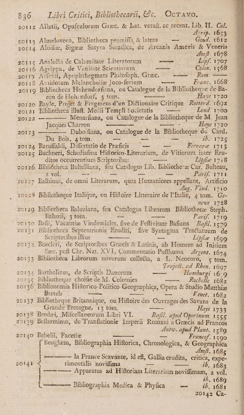 Sg6 201 12 201 I3 2 GI I 4 20! I $ 20 1i6 20111 201 I 8 201 19 20120 201 21 20122 20123 20124 20125 20126 20127 201-28 20129 2C I 30 2OI3I 20 1 ?> Z 20133 20134 20 f 3 3 201361 20137 20138 20139 20140 20541 Libri Critici^ Bibliothecam, &c. Octavo. Allatii, Opufculorom Grsec. & Lat. vetuft. ac recent. Lib. II. Col. A? rip. 1653 Almeloveen, Bibliotheca p'roimffa & latens ■— Goud. 1612 Aloifim, Sigaeae Satyra Sotadica, de Arcanis Ameris & Veneris Arnft 1678 Analefta de Calamitate Literatorum —• Lipf. 1707 Agrippa, de Vanitate Scientiarum --- Colon. 1568 'mi, Apophthegmata Philofcph. Graec. -— Rom - —— Franc. A r fe Antidotum Melancholias ]oco-ferium 1668' Bibliotheca Hohendorfiana, ou Catalogue de la Bibliotheque de Ba¬ ron de Hohmdorf, 3 tom, Haye I 7 20 Bayle, Projet & Fragmens (Tun Didlionaire Critique Rotterd. 1692 Bibliotheca illuft. Medii Templi Societatis - Lend 1700 —--. Menarfiana, ou Catalogue de la Bibliotheque de M Jean Jacques Charron --- - • Hay e 1720 Duboifiana, ou Catalogue de la Bibliotheque du Card. Du Bois, 4tom. — -— — ib. 1725- BarufFaldi, D i ffertatio de Praeficis — — Ferrara? 1713 Buchneri, Schediafma Hiilorico-Literarlum, de Vitiorum inter Eru¬ ditos occurrentium Scriptoribus - Lipfige 17*8 Bibliotheca Bultelliana, feu Catalogus Lib. Bibliothecae Car. Bulteau, 2 voL —' — — -— Pari/. 1711 Balbinus, de omni Literarum, quas Humaniores appellant, Artificio Aug. Vind. 1710 Bibliotheque Italique, ou Hifloire Litteraire de lTtalie, 4 tom. Ge¬ neve 1728 Bibliotheca Baluziana, feu Catalogus Librorum Bibliothecae Steph. Ballizii, 3 tom. — - Far if. 1719 Bafif, Vacantiae Vindemiales, five de Fefti vitate Bafiana Bafil. 1579 Bibliotheca Septentrionis Eruditi, Eve Syntagma Traftatuum de Scriptoribus illius —~- —- Lipfiee 1699- Boeclcri, de Scriptoribus Graecis & Latinis, ab Homero ad Initium Saec. pcft Chr. Nat. XVI, Commentatio Poflhuma Argent. 1674 Bibliotheca Librorum novorum collegia, a L. Neocoro, 5 tom. Trajctt. ad Rben. 1697 Bartholinus, de Scriptis Danorum ——* Hamburgi 16 9 Bibliotheque choifie de M. Colomies - Rochelle 1682 Biblionpmia Hifiorico-Politico-Geographica, Opera & Studio Matthi<e Bartels ^ _-— -- — Venet. 1682 Bibliotheque Britannique, ou Hifloire des Ouvrages des Savans de la Grande Bretagne, 13 tom. -- Haye 1733 Brodari, Mifcellaneorum Libri VI. Bafil. apud Oporinum 1555 Beilarminus, de Tranflationie Imperii Romani a Graecis ad Francos Bebelii, Facetiae Antv. apud Flant. 1589 —- Franco/. 1 c;go Beughem, Bibliographia Hiftorica, Chronologica, & Geographica Atnft. 1685 *“—’—.-■■■■• la France Scavante, id efl:, Gallia erudita, critica, expe- d rimentalis noviflima — -- ib, *683 | ——-• Apparatus ad Hiftoriam Literariam noviflimam, 2 vol, ) v , . . ib* 1689 t.. Bibliographia Medica & Phy fica »— ib. 1681 20142 Ca-
