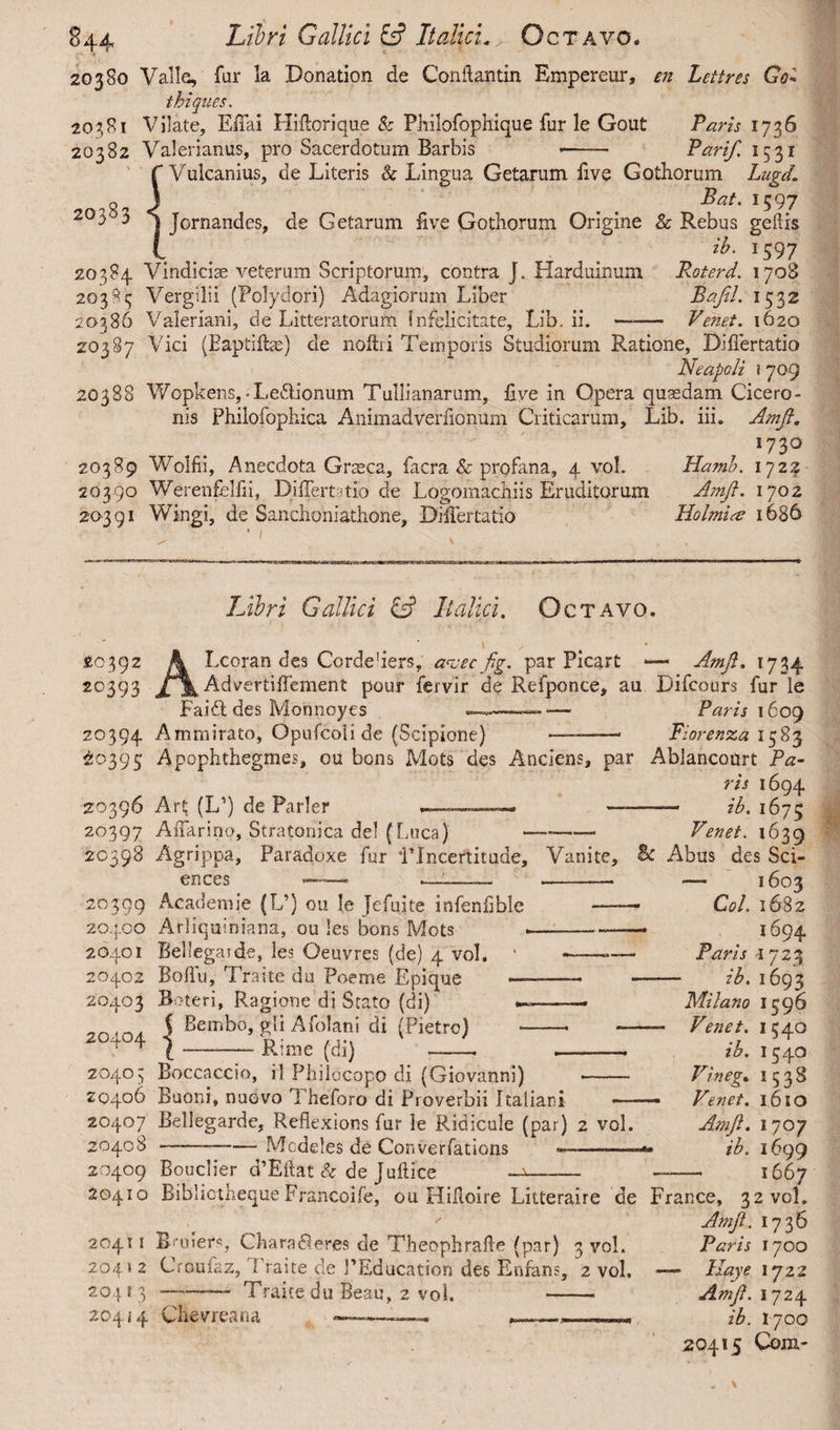 20 383 \ 20380 Valle, far la Donation de Conilantin Empereur, en Lettres Go¬ thi que s. 20381 Vilate, Effai Hiftorique & Philofophique fur le Gout Paris 1736 20382 Valerianus, pro Sacerdotum Barbis -- Pari/. 1531 f Vulcanius, de Literis & Lingua Getarum live Gothorum Lugd. Bat. 1597 jornandes, de Getarum live Gothorum Origine & Rebus geflis ib. 1597 20384 Vindicias veterum Scriptorum, contra J. Karduinum Poterd. 1708 20383 Vergilii (Polydori) Adagiorum Liber Bafil. 1532 20386 Valeriani, de Litteratorum Infelicitate, Lib. ii. —- Venet. 1620 20387 Vici (Eaptiftas) de noltri Temporis Studiorum Ratione, Differtatio Neapoli i 709 20388 Wopkens,-Le£lionum Tullianarum, live in Opera quasdam Cicero¬ nis Philofophica Animadverfionum Criticarum, Lib. iii. Amf. 1730 20389 Wolfii, Anecdota Grseca, facra & profana, 4 vol. Hamb. 1722 20390 Werenfelfii, Differtatio de Logomachiis Eruditorum Amft. 1702 20391 Wingi, de Sanchoniathone, Differtatio Holmi& 1686 Libri Gallici & Italici. Octavo. £0392 fk Lcoran des Corde'iers, avec fig. par Picart 20393 Xjk Advertiffement pour fervir de Refponce * Faidt des Monnoyes ———— — 20394 Ammirato, Opufcoiide (Scipione) £10395 Apophthegmes, ou 20396 Art (L1) de Parier 20397 — Amfi. 1734 au Difcours fur le Paris 1609 . wv. j -- Fiorenza 1583 bons Mots des Anciens, par Ablancourt Pa¬ ris 1694 ib. 1675 Venet. 1639 Affarino, Stratonica dei (Luca) —- 20398 Agrippa, Paradoxe fur T.Incertitude, Vanite, ences —-—- .—-—— -. 20399 Academic (L’) ou le Jefuite infenlible —■ Arliquiniana, ou !es bons Mots --- Bel legas de, 3es Oeuvres (de) 4 voL ' ——— Boffu, Traite du Poeme Epique —■- Bateri, Ragione di Stato (di) -— j Bembo, gli Afolani di (Pietrc) -- |-— Rime (di) 20400 26401 20402 20403 20404 Boccaccio, il Phiiocapo di (Giovanni) - Buoni, nuovo Theforo di Proverbii Italian! — Bellegarde, Reflexions fur le Ridicule (par) 2 vol. Model es de Converfations » — 20403 20406 20407 20408 20409 Bouclier d’Eftat k de Juftice - 20410 Biblictheque Francoife, 011 Hifloire Litteraire de 20411 Bauers, Chara&eres de Theophrafle (par) 3 vol. 204 \ 2 Croufaz, l raite de PEducation des Enrans, 2 vol. Traite du Beau, 2 vol. - Abus des Sci- — 1603 Coi. 1682 ■694 Paris 1723 — ib. 1693 Milano 159^ Venet. 154c ib. 154c Vineg• 153$ Venet. 16 X C Amfi. 170; ib. 169c 166* 204 t 3-- 20404 Chevreana France, 32 vc Amf. 17 Paris 171 —- llaye 17 Amf. 17; ib. 171 20415 Coj