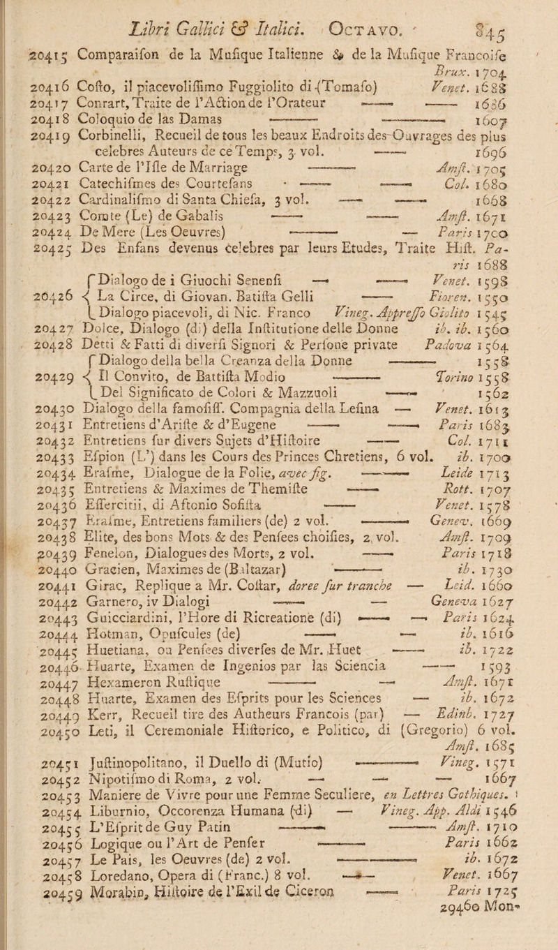 .20415 Comparaifon de Ia Mulique Italienne St» de la Mulique Francoife 20416 Cofto, il piacevoliflimo Fuggiolito di-(Tomafo) 20417 Conrart, Traite de 1’Aftionde i’Qrateur — 20418 Coloquiode las Damas Brux. 1704 Venet. i68S —- 1686 160/ 20419 Corbinelli, Recueil detous les beaux Endroitsdes-Quvrages des pius celebres Auteurs de ce Temps, y vol. —— 1696 20420 Carte de Nile de Marriage ——— Amft. 1705 20421 Catechifmes des Courtefans * ~ —— Coi. 1680 20422 Cardinalifmo di Santa Chiefa, 3 vol. —— -—1668 20423 Comite (Le) de Gabalis 20424 De Mere (Les Oeuvres) 20425 lm Pa ft. 167 E ris l 7.CO 2O426 Des Enfans devenus celebres par leurs Etudes, Traite HjlL Pa- ris 5 688 f Dialogo de i Giuochi Senenfi —• —— Venet. c 59S 4 La Circe, di Giovan. Batifta Gelli — Pior en. 1550 b Dialogo piacevoli, di Nic. Franco Vineg. Appreffo Giolito 1545 20427 Dojce, Dialogo (di) della Inftitutione delle Donne 20428 Detti &Fatti di diverfi Signori & Perione private f Dialogo della bella Creanza della Donne — 20429 <( Il Convito, de Battida Modio -— l_Dei Significato de Colori & Mazzuoli — 20430 Dialogo della famofiff. Compagnia della Lefima - 20431 Entretiens d’Arifie & d'Eugene ib. ia. i 5 60 Padova 1564 - . >55® Fori no 1558 1562 — V'enet. 1613 —— —- Paris 1683 20432 Entretiens fur divers Sujets d’Hifloire —— Col. 1711 20433 Efpion (L’) dans les Cours des Princes Chretiens, 6 vol. ib. 1700 ’0434 Erafme, Dialogue de la Folie, avec fig. 20435 Entretiens & Maximes de Themifte ——— 20436 EiTercitii, di Aftonio Sofiiia - 20457 Erafme, Entretiens familiers (de) 2 vol. ——— 20438 Elite, des bons Mots & des Penfees choiiies, 2, vol. £0439 Fenelon, Dialogues des Morts, 2 vol. —— 20440 Gracien, Maximes de (B dtazar) --— 20441 Girac, Replique a Mr. Cofiar, doree fur tranche 20442 Garnero, iv Dialogi *—«— — 20443 Guicciardini, l’Hore di Ricreatione (di) — 204^4 Hotman, Opufcules (de) -- '20445 Huetiana, ou Penfees diverfes de Mr. Lfuet — Leide 1713 Rot/. 1707 Venet. 1578 Genev. 5669 Amjl. 1709 Paris S71S ib. 1730 Leid. 1660 Geneva 1627 Paris 1624 ib. 1616 ib. 17 2z —- ^ 1593 Amft. 1671 ib. 1672 Edinb, 1727 20446 Huarte, Examen de Ingenios par las Scienda 20447 Hexamercn Ruftique ——— *— 20448 Huarte, Examen des Efprits pour les Sciences 20449 Kerr, Recueil tire des Autheurs Francois (par) — 20450 Leti, ii Ceremoniale Hiftorico, e Politico, di (Gregorio) 6 vol. Amft. 1685 20431 Juftinopolitano, il Duello di (Mutio) -———• Vineg. 1 571 20452 Nipotifmo di Roma, 2 vol. —- — 1667 204.53 Maniere de Vivre pourune Femme Seculiere, en Lettres Gotbiques. ) Vineg. App. Aldi 1546 •-- Amft. 1710 Paris 1662 ~--—. ib. 1672 Venet. 1667 —Paris 1 7 2 3 29460 Mon* 20454 Liburnio, Occorensa Humana (xil) 20455 L’Efpritde Guy Patin ———— 20456 Logique ou l’Art de Penfer «— 20457 Le Pais, les Oeuvres (de) 2 vol. 20458 Loredano, Opera di (Franc.) 8 vol, 20459 Morabin, Hatoire de FEacilde Cicerpn