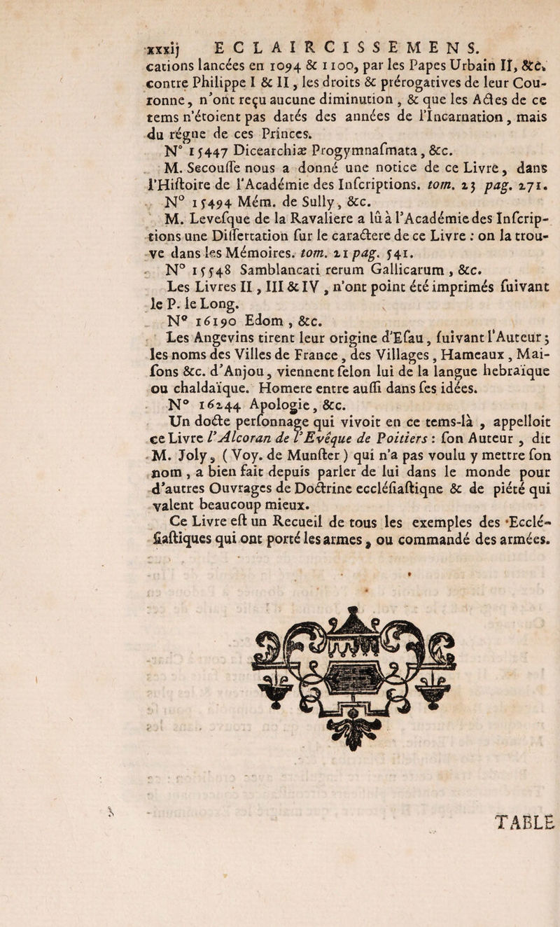 cations lancées en 1094 &amp; 1100, par les Papes Urbain II, &amp;£&gt; contre Philippe I &amp; II, les droits &amp; prérogatives de leur Cou¬ ronne, n’ont reçu aucune diminution , &amp; que les Ad es de ce tems n’étoient pas datés des années de l’Incarnation, mais du régne de ces Princes. N° 15447 Dicearchiæ Frogymnafmata, &amp;c. M. Secoufle nous a donné une notice de ce Livre, dans l’Hiftoire de 1*Académie des Infcriptions. tom. 23 pag. 271. N° 15494 Mém. de Sully-, &amp;c. M. Levefque de la Ravaliere a lu à l’Académie des înfcrip- tions une Dilfertation fur le caradere de ce Livre : on la trou¬ ve dans les Mémoires, tom. 21 pag. 541. N° 15548 Samblancati rerum Gallicarum , &amp;c. Les Livres II, III &amp; IV , n’ont point été imprimés fuivant le P. le Long. N° 16190 Edom , &amp;c. Les Angevins tirent leur origine d’Efau, fuivant 1*Auteur 3 les noms des Villes de France, des Villages, Hameaux, Mai- fons &amp;c. d’Anjou, viennent félon lui de la langue hébraïque ou chaldaïque. Homere entre auflî dans fes idées. N° 16244 Apologie, &amp;c. Un dode perfonnage qui vivoit en ce tems-là , appelîoit ce Livre VAlcoran de L’Evêque de Poitiers : fon Auteur , dit M. Joly, ( Voy. de Munfter ) qui n’a pas voulu y mettre fon nom , a bien fait depuis parler de lui dans le monde pour d’autres Ouvrages de Dodrine eccléliaftiqne &amp;c de piété qui valent beaucoup mieux. Ce Livre eft un Recueil de tous les exemples des *Ecclé- Sadiques qui ont porté les armes 9 ou commandé des armées. TABLE