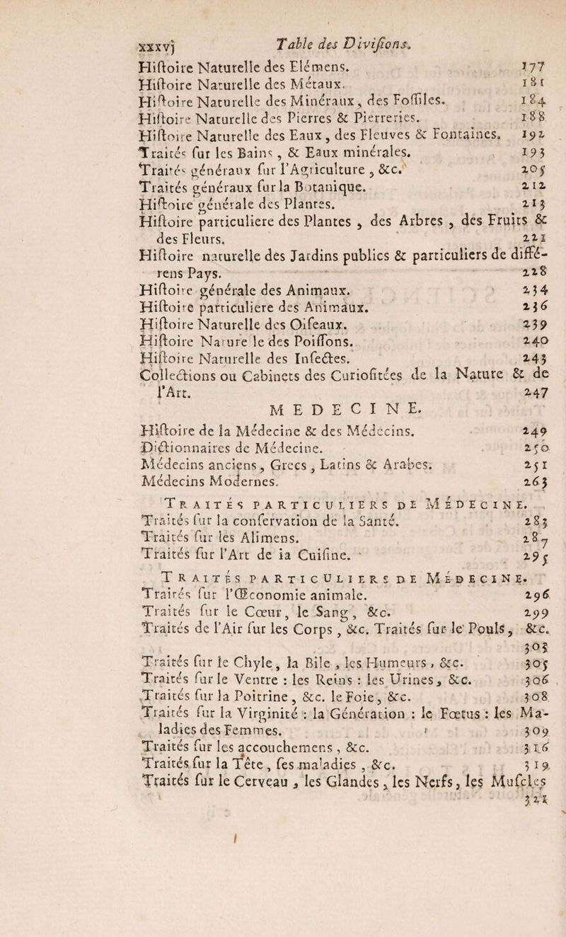 Hiftoire Naturelle des Elémens. *77 Hiftoire Naturelle des Métaux. Hiftoire Naturelle des Minéraux , des Faibles. 184 Hiftoire Naturelle des Pierres &amp; Pierreries. 188 Hiftoire Naturelle des Eaux, des Fleuves &amp; Fontaines. 192, T rai téc fut les Bains , &amp; Eaux minérales. 19 3 Traité- généraux fur l’Agriculture , &amp;c. %Of Traités généraux fur la Botanique. 212 Histoire générale des Planres. 213 Hiftoire particulière des Plantes 5 des Arbres , des Fruits &amp; des Fleurs, 22.1 Hiftoire naturelle dés Jardins publics &amp; particuliers de difFé- rens Pays. 2.18 Hiftoue générale des Animaux. 234 Hiftoire particulière des Animaux. 2,$6 Hiftoire Naturelle des Oifeaux. 2.39 Hiftoire Nature le des PoilEons. 24° Hiftoire Naturelle des Infeétes. 24? Collections ou Cabinets des Curiolïtées de la Nature Si de l’Art. 247 MEDECINE. Hiftoire de la Médecine &amp;: des Médecins. 149 Dictionnaires de Médecine. Médecins anciens, Grecs, Latins 5c Arabes. Médecins Modernes. y O' 251 2^5 Traites particuliers de Médecine. Traités (ur la confervation de la Santé. Traités fur les Ali mens. Traités fur l’Art de ia Cuifme. • 285 2 8 ? 295 Traités particuliers de Médecine. Traités fur l’Œconomie animale. Traités fur le Cœur, le Sang, &amp;c. Traités de l’Air (ur les Corps, &amp;c. Traités fur le' Pouls Traités fur le Chyle , la Bile , les Humeurs , &amp;c. Traités furie Ventre : les Reins : les Urines, 5cc. Traités fur la Poitrine , &amp;c. le Foie, &amp;c. Traités fur la Virginité : la Génération : le Fœtus ladies des Femmes. * Traités fur les accouchemens, &amp;c. Traités fur la Tête , Tes maladies , &amp;rc. Traités fur le Cerveau , les Glandes x les Nerfs, les Mufcl.es 3,21 196 2 99 &amp;c. 305 305 306 308 les Ma- 309 3 16 3 19,