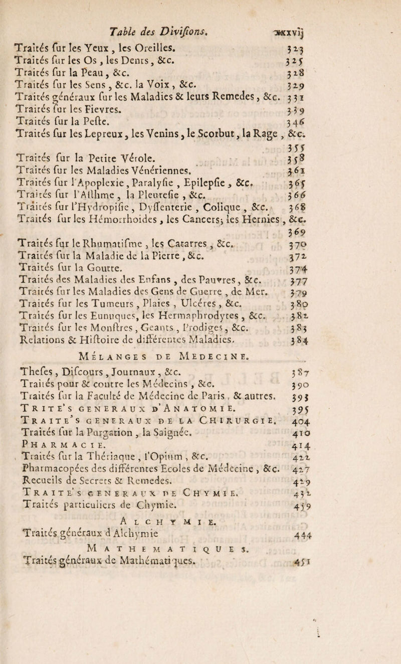 Traités fur les Yeux , les Oreilles. 313 Traités fur les Os , les Dents, Sic. 325 Traités fur la Peau j &amp;c. 32.8 Traités fur les Sens , &amp;c. la Voix , Sic. 3x9 Traités généraux fur les Maladies &amp; leurs Remedes, Sic. 331 Traités fur les Fievres. 3 3 9 Traités fur la Pefte. 34^ Traités fur les Lepreux, les Venins &gt; le Scorbut, la Rage , Sic. 35J Traités fur la Petite Vérole. 3f$ Traités fur les Maladies Vénériennes. £61 Traités fur l'Apoplexie , Paralylie , Epilepfie 3 SCC. 36$ Traités fur PAtthme , la Pleurefîe , &amp;c. 3 66 Traités fur l’Hydropifie , DyfTenterie , Colique , Sic. 36$ Traités fur les Hémorrhoides, les Cancers, les Hernies , &amp;c. 3^9 Traités fur le Rhumatifrne , les Catarres , Sic. 370 Traités fur la Maladie de la Pierre , &amp;c. y/i Traités fur la Goutte. 374 Traités des Maladies des Enfans , des Pauvres, Scc. 377 Traités fur les Maladies des Gens de Guerre , de Mer. 379 Traités fur les Tumeurs, Plaies , Ulcères , Sic. 389 Traités fur les Eunuques, les Hermaphrodytes , &amp;c. 382 Traités fur les Monftres , Géants , Prodiges, &amp;c. 383 Relations Si Hiftoire de différentes Maladies. 3 84 Mélanges de Médecins. Thefes, Difcours , Journaux , &amp;c. 387 Traités pour Si contre les Médecins , Sic. 390 Traités fur la Faculté de Médecine de Paris , Si autres. 393 TRITE’s GENERAUX D'ANATOMIE. 39 Ç Traite’s generaux de la Chirurgie, 404 Traités fur la Purgation , la Saignée. 410 Pharmacie. 414 Traités fur la Thériaque , l’Opium , Scc. 422 Pharmacopées des différentes Ecoles de Médecine , &amp;c. 427 Recueils de Secrets &amp; Ilemedes. 429 Traite’ s generaux pe Chymie. 432. Traités particuliers de Chymie. 459 Alchymie. Traités généraux d Alchymie 444 Mathématiques. Traités généraux de Mathématiques. 451