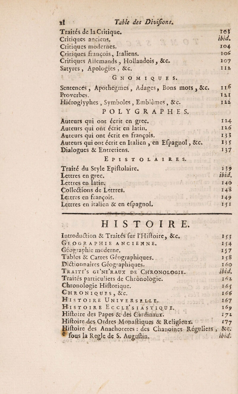 Traités de la Critique. ^0$ Critiques anciens. ib'id. Critiques modernes. 104 Critiques François, Italiens. io&lt;&gt; Critiques Allemands , Hoilandois * &amp;c. 107 Satyres, Apologies, &amp;ic. 112. Gnomiques. Sentences, Apothegmes, Adages, Bons mots j &amp;c. 11^ Proverbes. 12.1 Hiéroglyphes , Symboles, Emblèmes, &amp;c. 112, P O L Y G R A P H E S. Auteurs qui ont écrit en grec. 124 Auteurs qui ont écrit en latin. 126 Auteurs qui ont écrit en françois. 15 5 Auteurs qui ont écrit en Italien , en Efpagnol, &amp;c» 13 S Dialogues &amp;: Entretiens. 137 Epistolaib.es. Traité du Style Epiftolaire. 139 Lettres en grec. ibïd. Lettres en latin. 140 Collections de Lettres, 14$ Le ttres en françois. 149 Lettres en italien 6c en èfpagnol. 151 HISTOIRE. Introduction 6c Traités fur l’Hiftoire, &amp;c. 155 Géographie ancienne. 154 Géographie moderne. 157 Tables 6c Cartes Géographiques. 158 Dictionnaires Géographiques. 160 Traitf’s ge’ne’raux de Chronologie. ibid&gt; Traités particuliers de Chronologie. 1^2. Chronologie Historique. Chroniques, &amp;c. 166 His toire Universelle. 167 Bis toire Ecclesiastique. 169 Hiftoire des Papes 6c des Cardinaux. 172, Hiftoire des Ordres Monaftiques &amp; Religieux. Hj fîiftoire des Anachorètes : des Chanoines Réguliers , &amp;c. * fous la Réglé de S. Auguftin.  ibid.