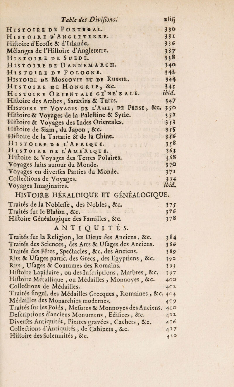 Histoire ce Portwsal. 35° Histoire d’Angleterre. 31* Hiftoire d’Ecoffe & d’Irlande, 3 3 & Mélanges de l’Hiftoire d’Angleterre. 3 37 Histoire de Suède, 3 38 H I S T O I R E D E D A N N EM A R C H. 34° Histoire de Pologne. 34*» Histoire de Moscovie et de Russie. 344 Histoire ©e Hongrie, &c. 34? Histoire Orientale generale. ibïd. Hiftoire des Arabes , Sarazins & Turcs. 347 Histoire et Voyages de l’Asie, de Perse, &c, 350 Hiftoire & Voyages de la Paleftine & Syrie. 351 Hiftoire & Voyages des Indes Orientales. 5 5? Hiftoire de Siam, du Japon , &c. 3 SS Hiftoire de la Tartarie & de la Chine. 3 Histoire de l’Afrique. 358 Histoire de l’Ame’rique. 3^3 Hiftoire & Voyages des Terres Polaires» 368 Voyages faits autour du Monde. 37° Voyages en diverfes Parties du Monde. 371 Collerions de Voyages. 374 Voyages Imaginaires. ïbid. HISTOIRE HÉRALDIQUE ET GÉNÉALOGIQUE. Traités de la NoblefFe, des Nobles, &c. 37? Traités fur le Blafon, Sec* 3?^ Hiftoire Généalogique des Familles, &c. 378 ANTIQUITÉS. Traités fur la Religion, les Dieux des Anciens, 8cc. 3 84 Traités des Sciences, des Arts & Ufages des Anciens. 38É Traités des Fêtes, Spedacles, &c. des Anciens. 389 Rits & Ufages partie, des Grecs, des Egyptiens, &c. 392, Rits, Ufages & Coutumes des Romains. 3 93 Hiftoire Lapidaire , ou des Infcriptions , Marbres , &c. 3 97 Hiftoire Métallique , ou Médailles , Monnoyes , &c. 400 ColleéHons de Médailles. 401 Traités fingul. des Médailles Grecques , Romaines , &c. 404 Médailles des Monarchies modernes. 409 Traités fur les Poids , Mefures & Monnoyes des Anciens. 410 Defcriptions d’anciens Monumens , Edifices , &c. 41 z Diverfes Antiquités, Pierres gravées , Cachets , &c. 416 Collerions d’Antiquités, de Cabinets 3 &c. 417 Hiftoire des Sokmnités, &c. 4 iq
