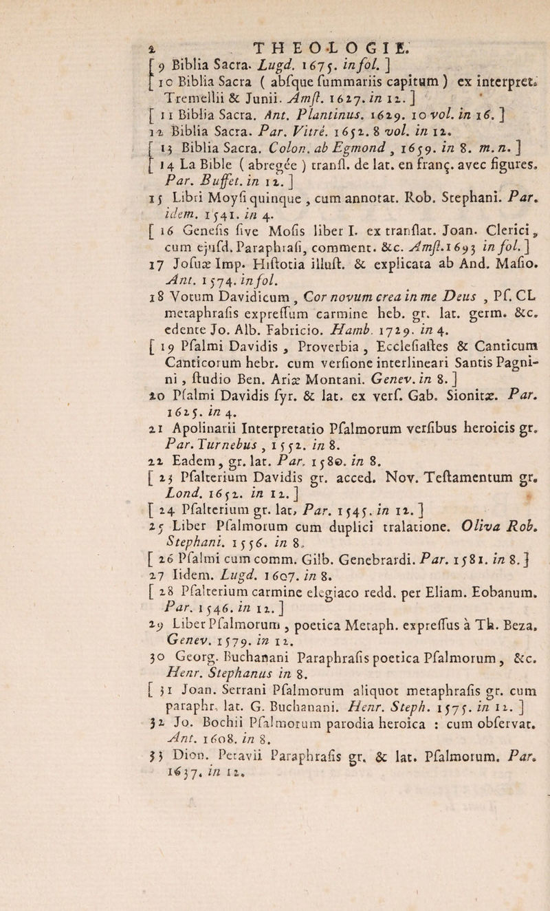 ' 9 Biblia Sacra. Lugd. 1675. infol. ]  ic Biblia Sacra ( abfque fummariis capitum ) ex interpréta Tremellii &amp; Junii. AmJÎ. 1627. in 11. ] [ 11 Biblia Sacra. Ant. Plantinus. 1629. 10 vol. in 16. ] ri Biblia Sacra. Par. Vitré. 1652. 8 vol. in 12. [ 13 Biblia Sacra. Colon, ab Egmond y 1659. in 8. m. n. ] [ 14 La Bible ( abrégée ) tranfl. de lat. en fïanç. avec figures» Par. Buffet, in 1 2. ] 15 Libri Moyfiquinque , cum annotai. Rob. Stephani. Par. idem. 1541. in 4. [ 16 Genefis five Mofis liber I. ex tranflat. Joan. Clerici ^ cum ejufd, Paraphrafi, comment. Sic. Amfl.1693 in fol.] 17 Jofuælmp. Hiftotia illuft. &amp;. explicata ab And. Mafio. Ant. 1574. in fol. 18 Votum Davidicum , Cor novum créa in me Deus , Pf. CL metaphrafis expreffum carminé heb. gr. lat. germ. &amp;c„ edente Jo. Alb. Eabricio. Plamb. 1729. in 4. [ 19 Pfalmi Davidis a Proverbia 5 EcclefiaiPes &amp; Canticum Canticoi um hebr. cum verlione interlineari SantisPagni- ni , ftudio Ben. Ariæ Montani. Genev.in 8.] Ao Pfalmi Davidis fyr. &amp; lat. ex verf. Gab. Sionitæ. Par. 1625. in 4. 2.1 Apolinarii Interpretatio Pfalmorum verfibus heroicis gr. Par. Turnebus , 15 y 2. in 8. 22 Eadem , gr. lat. Par. 1 5 8©. in 8. [ 23 Pfalterium Davidis gr. acced. Nov. Teftamentum gr, Lond. 16 f z. in 11. ] [24 Pfalterium gr. lat. Par. 154$. in 12. ] 25 Liber Pfalmorum cum duplici tralatione. Oliva Rob. Stephani. 1556. in 8., [ 26 Pfalmi cum comm. Gilb. Genebrardi. Par. 158x. in 8. ] 27 Iidem. Lugd. 1607. in 8. [ 28 Pfalterium carminé elegiaco redd. per Eliam. Eobanum. Par. 1 546. in 12. ] 29 Liber Pfalmorum , poetica Metaph. expreffus à Tk. Beza, Genev. 1579. in 12. 30 Georg. Buchanani Paraphrafis poetica Pfalmorum , Sic. Henr. Stephanus in 8. [ 31 Joan. Serrani Pfalmorum aliquot metaphrafis gr. cum paraphr, lat. G. Buchanani. Henr. Steph. 1575'. in 11. ] 32 Jo. Bochii Pfalmorum parodia heroica : cum obfervat. Ant. 1608. in 8. 3 3 Dion. Petavii Paraphrafis gr. ôc lat. Pfalmorum. Par. 1637, in iz»