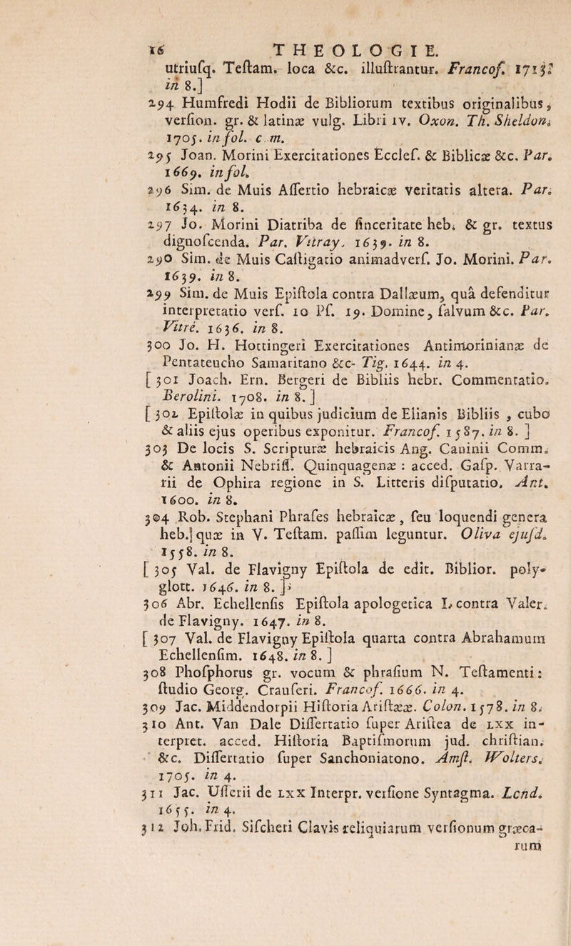utriufq. Teftam. loca &amp;c. illuftrantur. Franco/ 1713» in 8.] 25&gt;4 Humfredi Hodii de Bibliorum textibus originalibus, verfion. gr. &amp; latinæ vulg. Libri îv. Oxon. Th. Shddon« 17 05. in fol. cm. Joan. Morini Exercitationes Ecclef. 8c Biblicæ &amp;c. Par. 1669. in fol» 296 Sim. de Muis A {Tertio hebraicæ veritatis altéra. Par» 1 &lt;&gt; 34. in 8. 197 Jo. Morini Diatriba de Ænceritate hebi 8c gr. textus dignofcenda* Par. Vuray„ 1639. in 8. 2.9O Sim. de Muis Caftigatio animadverf. Jo. Morini. Par. 1639. in 8. *99 Sim. de Muis Epiftoia contra Daîiæum, quâ defenditur interpretatio verf. 10 Pf. 19. Domine^ falvum&amp;c. Par. Vitré. 1656. in S. 300 Jo. EL Hoctingerî Exercitationes Antirriorinianæ de Pentateucho Samaritano &amp;c- Tig, 1644. in 4. [301 Joach. Ern. Bergeri de Bibliis hebr. Commentatio. Berolini. 1708. in 8. ] [302. Epiftoîæ in quibus judicium de Eiianis Bibliis , cubo &amp; aliis ejus operibus exponitur. Franco/. 15S7. in 8. ] 303 De locis S. Scripturæ hebraicis Ang. Caninii Comm„ 8c Antonii Nebriff. Quinquagenæ : acced. Gafp. Yarra- rii de Ophira regione in S. Litteris difputatio. Ant. T 600. in 8. 3©4 Rob. Stephani Phrafes hebraicæ, feu loquendi généra heb.Squæ in Y. Teftam. paflim leguntur. Oliva ejufd» 15 58. in 8. f 305 Yal. de Flavigny Epiftoia de edit. Biblior. poly* glott. J 646. in 8. 306 Abr. Echellenfis Epiftoia apologetica L contra Valer. de Flavigny. 1647. in 8. [ 307 Val. de Flavigny Epiftoia quarta contra Abrahamum Echellenfim. 1648. in 8. ] 308 Phofphorus gr. vocum 8c phrafium N. Teftamenti: ftudio Georg. Crauferi. Franco/ 1666. in 4. 309 Jac. Middendorpii Hiftoria Ariftææ. Colon. 1578. in 8. 310 Ant. Yan Dale Didertatio Tuper Ariftea de lxx in- terpret. acced. Hiftoria Baptifmorum jud. chriftian. 8cc. DiiTertatio Tuper Sanchoniatono. Amft. TVoltcrs. 1705. in 4. 31 ï Jac. Uderii de lxx Interpr. verfîone Syntagma. Lcnd. 1 Me 171 4* 3 ï 1 Joli, Frid, Sifcheti davis reliquiarum verfionuin græca- runi