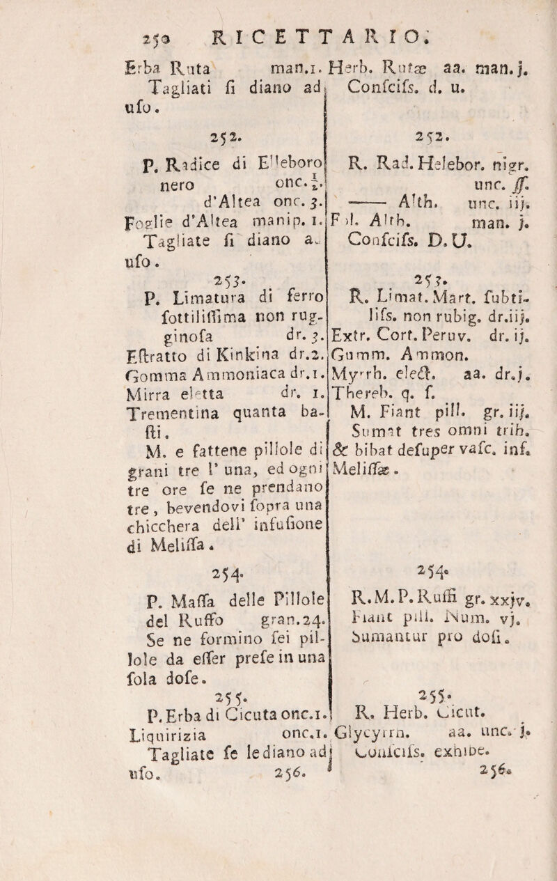 25$ ricet: Erba. Ruta man.x. Tagliati fi diana ad ufo. 252. P. Radice di EHeboro nero onc,-. d’Altea onc. 5. posili d’A'tea manip, 1. Tagliate fi diano a. ufo. Md- . _ P. Limatura di ferro fotti! idi ma non rug- ginofa dr. 5. Eftratto di Kinkina dr.2. Gomma Ammoniaca dr.i. Mirra eletta dr. 1. Trementina quanta ba- fti » M. e fattene pillole di grani tre V una, ed ogni tre ore fe ne prendano tre , bevendovi {opra una chicchera dell9 infufione di Meliffa. ^5 A F. Mafia delle Pillole del Ruffo gran.24» Se ne formino fei pil¬ lole da efier prefe in una fola dofe. 255. P.Erba di Cicuta onc.i. Liquirizia onc.i. Tagliate fe le di ano ad ufo. 256. ARTO. Herb. Ruta* aa. man.}. Confcifs. d. u. 252. R. Rad. Helebor. nier. c unc. ff, —— Ahh. unc. ii). F >1. Ahh. man. j® Confcifs. D.U. 25?. R. Limat.Mart. fubti¬ fi fs. non rubig. dr.iij. Extr, Corf. Peruv. dr. ij. Gumm. A 'Timori. Myrh. eledT aa. dr.j. The refi. q. f. M. Fiant pili. gr. ii/. Snmst tres omni trih. & bibat defupSf vafc. in fi Melifiàe. 254. R. M. P. Ruffi gr. xxjv* biaii t pili. IN uni. vja Sumaiuur pio doli* 255. R. Herb. Cicut. ♦ Glycyrrn. aa. unc® J. L-oaicifs. exbioe. 2$és