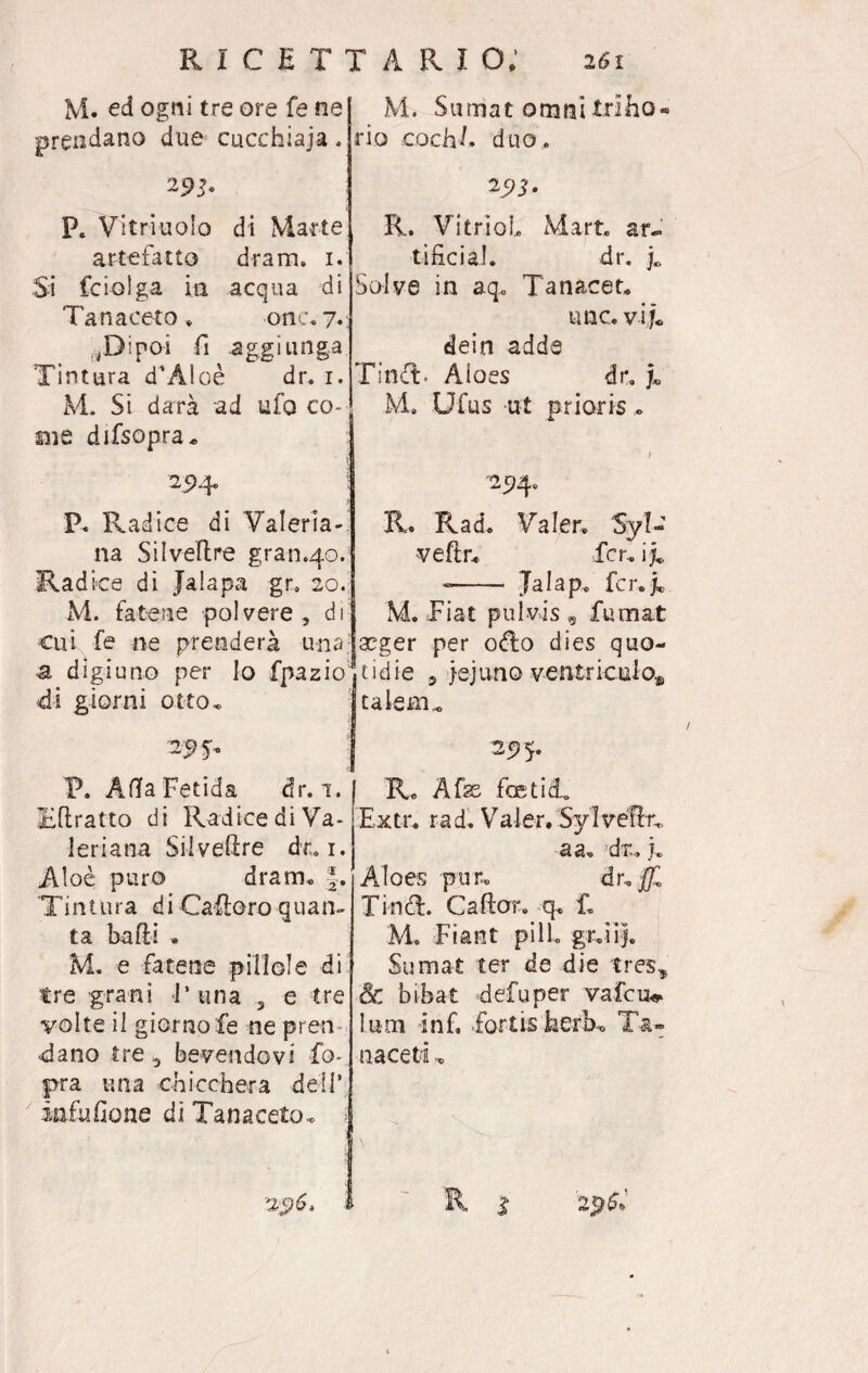 M. ed ogni tre ore fe ne prendano due cucchiaia, P. Vitriuoio di Marte artefatto dram. i. Si fciolga iti acqua di Tanaceto» onc. 7»: ^Dipoi fi aggiunga Tintura d’Aloè dr. i. M. Si darà ad ufo co¬ me difsopra, P. Radice di Valeria¬ na Silveflre gran.40. Radice di Jalapa gr, 20. M. fatene polvere , di cui fe ne prenderà una- a digiuno per Io fpazio di giorni otto. 5* P. Afta Fetida dr. 1. lEflratto di Radice di Va¬ leriana Silveftre dr. 1. Aloè puro dram. §. 'Tintura di Cafìoro quan¬ ta badi . M. e fatene pillole di tre grani I’ una 3 e tre volte il giorno fe ne pren dano trebevendovi Co¬ pra una chicchera dell* infusone di Tanaceto. M. Sumat omni tri ho - rio codi/, duo. 29T R. VitrioL Mart. ar- tificial. dr. j., Solve in aq0 Tanaceti irne. vi j. dein adde Tind- Aioes dr. M. Ufus -ut prioris. 1 R. Pvad. Valer. Syl- veftr. fcr. ij. «- Jalap. fcr. j* M. Fiat pulvis , fumat aeger per odio dies quo- tidie 9 jejuno v-entriculo* talenu 25? 5. R. Afe feetid. Extr. rad. Valer. Sylveffe a a. di:. L AJoes pur. àu ffl Tinèf. Caftor. q. f» M. Fiant pili gr.iij. Sumat ter de die tres, & bibat defu per vafeu^ lum inf. fortis herh. Ta¬ naceti, 1