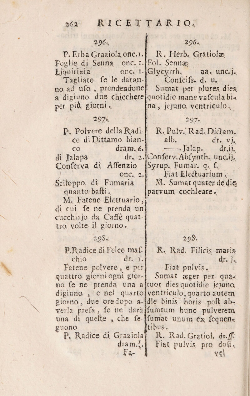 2 $6 a5 P. Erba Graziola, onc.i. Foglie dì Senna onc. 1. Liquirizia onc0. 1* Tagliate- fe le daran¬ no ad ufo , prendendone a digiuno due chicchere per più giorni.. p. Polvere della Radi¬ ce di Dittamo bian¬ co dram.é. di Jalapa dr., 2. Conferva di Affenzio onc. 2. Sci toppo di Fumaria quanto bafti „ M. Fatene Eletfuario, 4i. cui fe ne prenda un cucchiaio da Caffè quat Irò,, volte il giorno. 25 So. P.Radice di Felce maf- chio dr. 1. Fatene polvere 3 e per quattro, giorni ogni gior¬ no fe ne prenda una a digiuno , e nel quarto giorno 5 due ore dopo a- verla prefa , fe ne darà una di quelle , che fe guono P, Radice di Graziola8 R. Herb, Gratiolae Fol. Sennas ;Glycyrrho aa. unc.je> Confcifs. d . tu - Sumat per pjures dies quotidie mane yafcula bi¬ na , jejuno, ventriculp.. ! 2517. R« PuIv.’Rad.DicLam* albe dr. vj„ Jalap. dr.ij. Conferv.Abfynth., unc.ij, Syrup. Fumar, q. L Fiat Eledhuarium M. Sumat quater de die parvum cochleare* 2?$'. R« Rad. Filicis maris> dr.K Fiat pulvis. Sumat asger per qua- tuor diesquotidie jejuno, ventriculo,quarto autem die binis horis poit ab- fumturn hunc puiverem fumat unum ex fequen- [t ibus. R. Rad.GratioL dr.jf. Fiat pulvis prò do fi. 1 veì