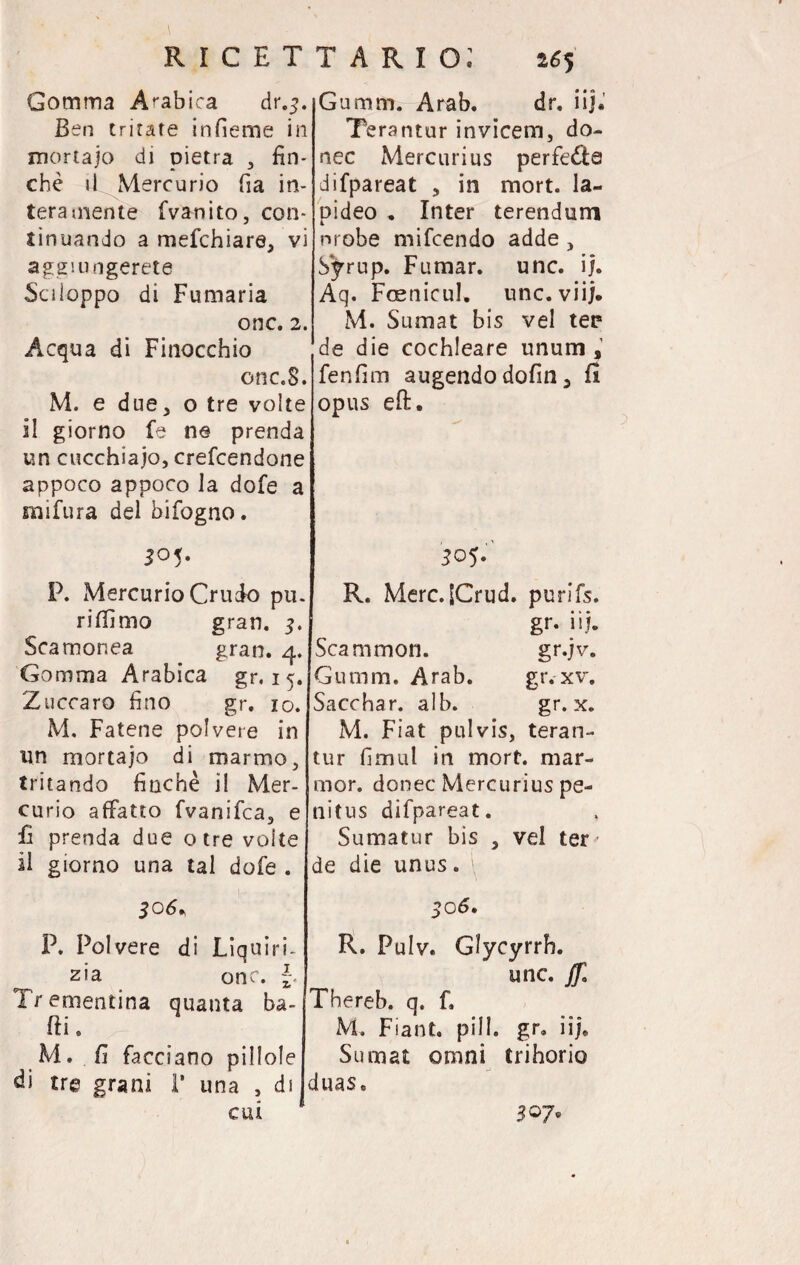 Gomma Arabica dr.$. Ben tritate infieme in mortajo di pietra , fin* che il Mercurio fia in¬ teramente fvanito, con¬ tinuando a mefchiare, vi aggiungerete Scii-oppo di Fumaria onc. 2. Acqua di Finocchio onc.S. M. e due, o tre volte il giorno fe ne prenda un cucchiaio, crefcendone appoco appoco la dofe a mifura del bifogno. 30 5. P. Mercurio Crudo pu¬ rismo gran. 3. Scamonea gran. 4. Gomma Arabica gr. 15. Zuccaro fino gr. io. M, Fatene polvere in un mortajo di marmo, tritando finché il Mer¬ curio affatto (Vanifica, e fi prenda due otre volte il giorno una tal dofe . 306* P. Polvere di Liquiri¬ zia onc. Trementina quanta ba¬ di. M. fi facciano pillole ài tre grani 1‘ una , di cui Gumm. Arab. dr. iij. Terantur invicem, do- nec Mercuri us perfe&a difpareat , in mort. la¬ pideo . Inter terendum nrobe mifcendo adde , Syrup. Fumar, unc. ij. Aq. Fcenicul. unc. viij. M. Sumat bis vel tee de die cochleare unum, fenfim augendo dofin, fi opus eft. J05. R. Merc.SCrud. purifs. gr. iij. Scammon. gr.jv. Gumm. Arab. gr.-xv. Sacchar. alb. gr. x. M. Fiat pulvis, teran¬ tur fimul in mort. mar- mor. donec Mercurius pe- tlitus difpareat. Sumatur bis , vel ter • de die unus. 306. R. Pulv. Glycyrrh. unc. j(fa Thereb. q. fi. M. Fiant. pili. gr. iij. Sumat omni trihorio duas. 307»