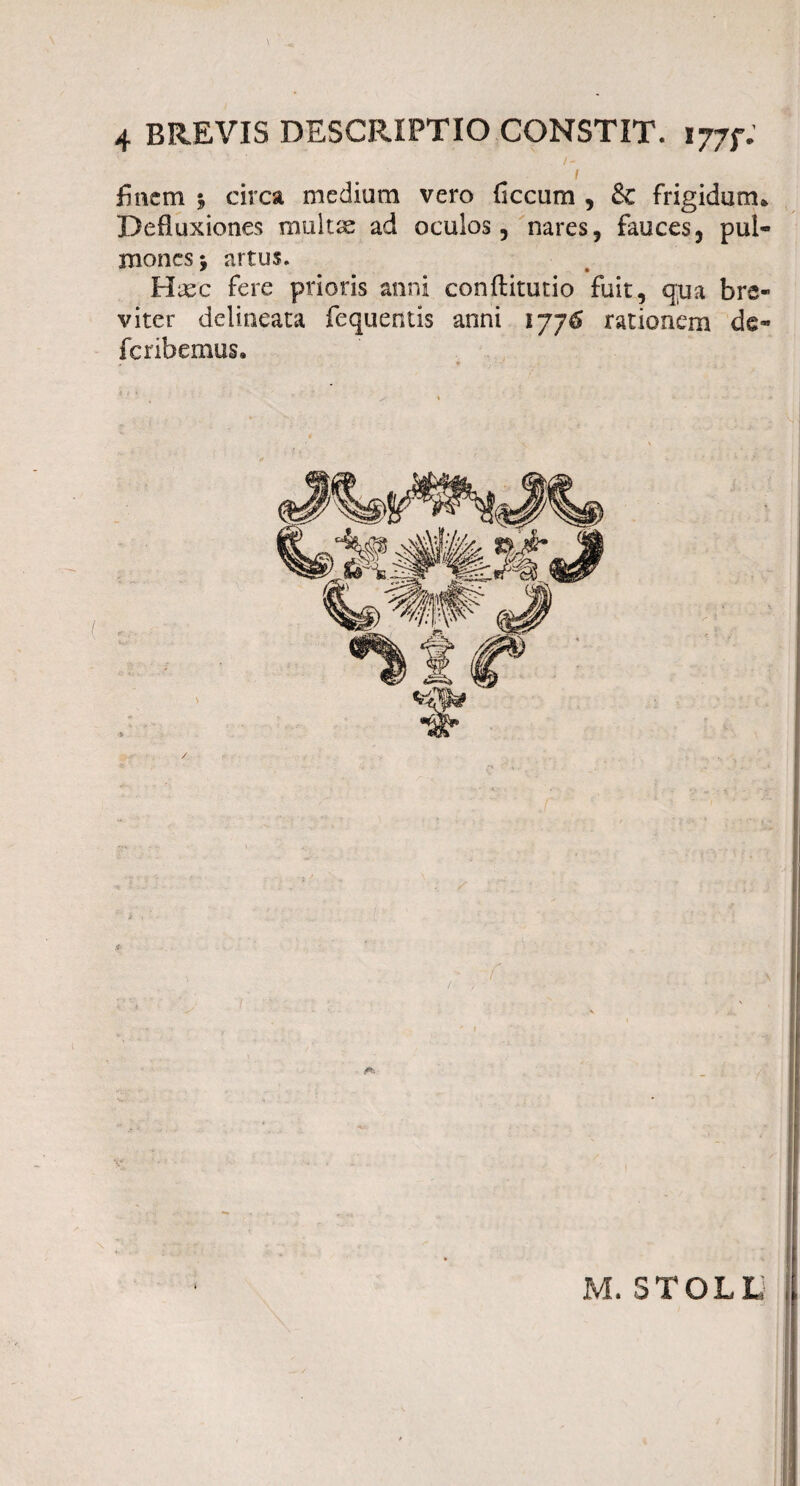 /- I finem 5 circa medium vero ficcum , & frigidum» Defluxiones multse ad oculos, nares, fauces, pul¬ mones j artus. Haec fere prioris anni conftitutio fuit, qua bre¬ viter delineata fequentis anni ijj6 rationem de- feribemus. / M. 3TOLL