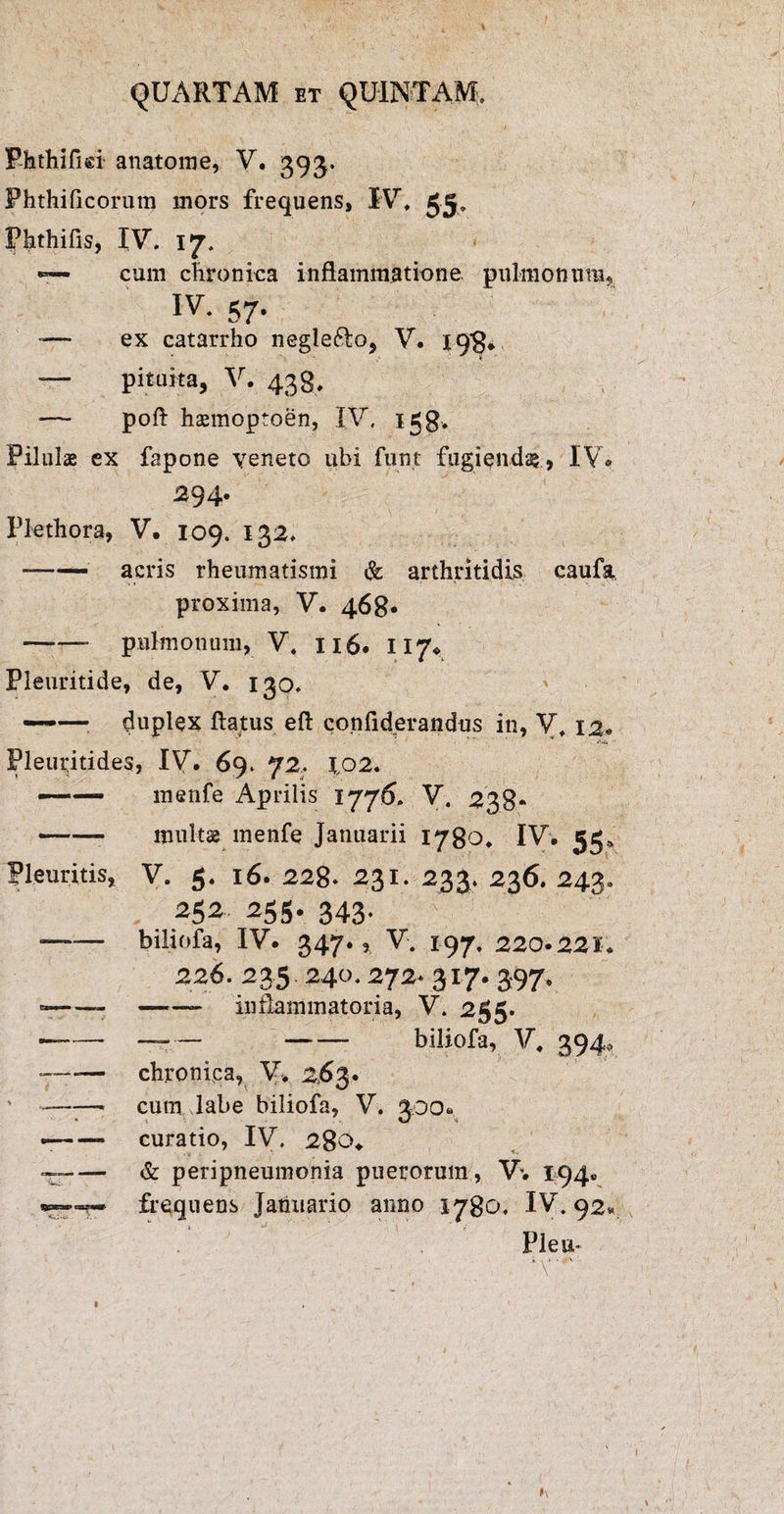 Phthifiei anatonie> V. 39 3. Phthificorum mors frequens, IV* gg, Phthifis, IV. 17. — cum chronica inflammatione pulmonum, IV. 57. -— ex catarrho neglefto, V. 198. — pituita, V. 433. poft haemoptoen, IV. 158. Pilulae ex fapone veneto ubi funt fugienda , IV* 294- Ptethora, V. 109. 132. — acris rheumatismi & arthritidis caufa proxima, V. 468« -- pulmonum, V. 116. 117* Pleuritide, de, V. 130. —— duplex flatus eft confidprandus in, V* 12« Pleuritides, IV. 69. 72. \02. —— menfe Aprilis 1776. V. 238- -- multae menfe Januarii 1780* IV. 55* Pleuritis, V. 5. 16. 228» 231. 233. 236. 243, 255. 343. ■-biliofa, IV. 347. , V. 197. 220.221. 226. 235 240. 272» 317. 397. --- —inflammatoria, V. 255. — -——-biliofa, V* 394,, —-— chronica, V. 2,63. * -. cum labe biliofa, V. 300. --curatio, IV. 280*. •r--& peripneumonia puerorum, V. 194» frequens Januario anno 1780, IV. 92* Pleu- * \. I