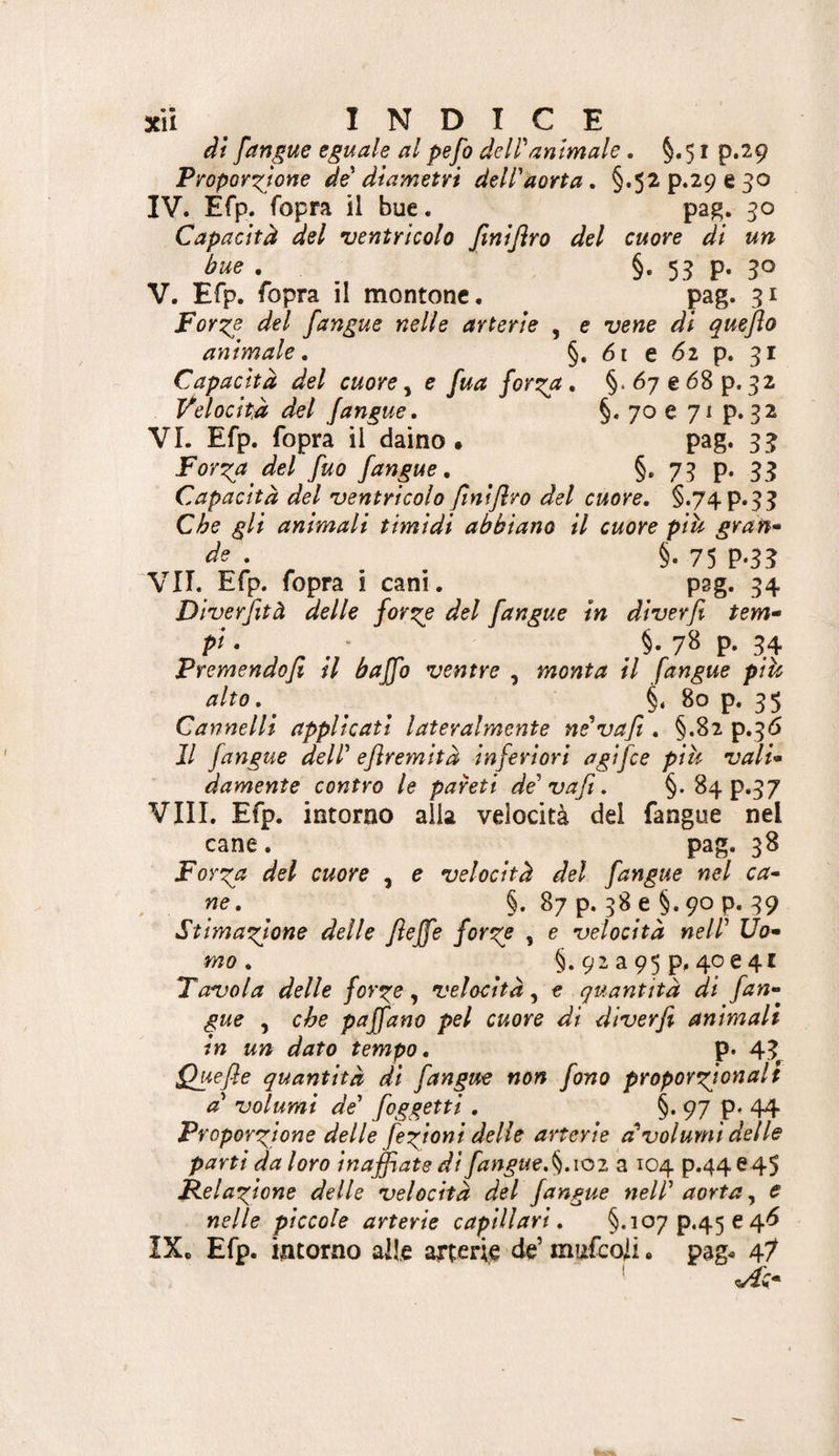 di [angue eguale al pefo deir animale, §.5 ^ P*^9 Proporzione de' diametri dell'aorta. §.52p.29e30 IV. Efp. fopra il bue. pag. 30 Capacità del ventrìcolo finijìro del cuore di un bue . §-53 P* 5^ V. Efp. fopra il montone. pag. 31 Forz^ del [angue nelle arterie , e vene di queflo animale. §. 61 e 62 p. 31 Capacità del cuore ^ e [ua [orza. §.67e68p. 32 Velocità del /angue. §. 70 e 71 p. 32 VI. Efp. fopra il daino. pag. 33 Forza del [uo [angue, §, 75 p. 33 Capacità del ventricolo[mijlro del cuore. §.74p.33 Che gli animali timidi abbiano il cuore più gran» de . ^ §. 75 p.33 VII. Efp. fopra i cani. pag. 34 Diverjìtà delle forzo del [angue in diverfi tem- pi. • §. 78 p. 34 Premendo/l il ba[[o ventre , monta il [angue più alto. §. 80 p. 35 Cannelli applicati lateralmente ne'vafi . §.82 p.36 Il [angue dell' ejìremità inferiori agi[ce più vaìU damente contro le pareti de'va fi. §-84p.37 Vili. Efp. intorno alia velocità del fangue nel cane. pag. 38 Forza del cuore , e velocità del [angue nel ca^ ne. §. 87 p. 38 e §. 90 p. 39 Stimazione delle fiejfe forzo , e velocità nell' l/a- mo . §. 92 a 95 p. 40 e 41 Tavola delle forze ^ velocità^ e quantità di [an¬ gue , che paffano pel cuore di diverfi animali in un dato tempo. p. 43 Quefle quantità di [angue non fono proporzionait a' volumi de' [oggetti . §. 97 p. 44 Proporzione delle [ezioni delle arterie a'volumi delle parti da loro inaffiate di[angue.^.102 a 104 p.44e45 gelazione delle velocità del fangue nell' aorta, e nelle piccole arterie capillari. §.io7p.45e4^ IXc Efp. intorno alle arterie de’ mufeo/i • pag^ 4?