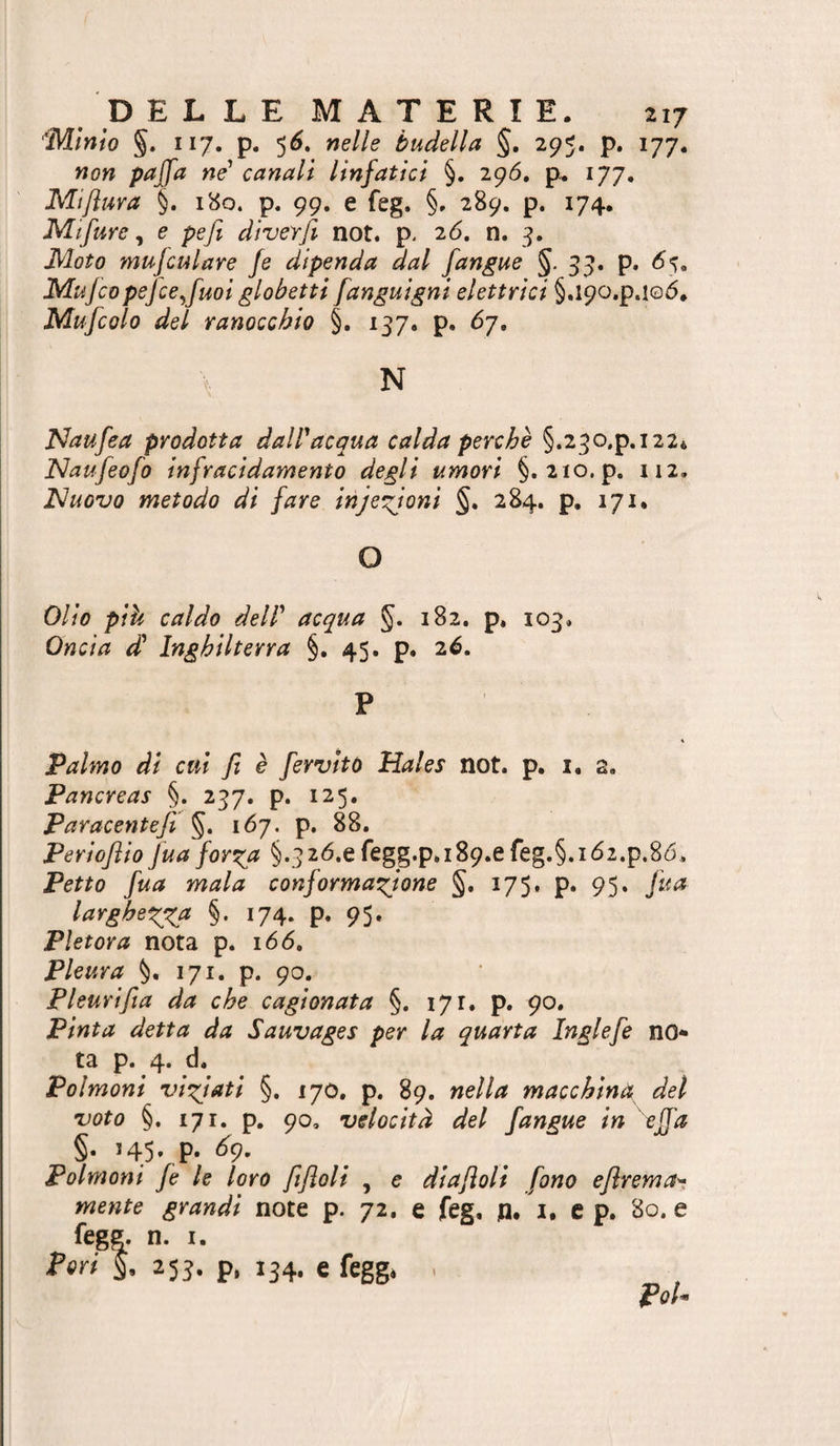 'Minio §. 117. p. 5^. nelle budella §. 295. p. 177. non pajfa ne' canali linfatici §. 29Ó. p. 177. Mifluva §. 180. p. 99. e feg. §, 289. p. 174. Mtfure ^ e pefi diverfi not. p. 2Ó. n. Moto mujculare fe dipenda dal /angue §. 35. p. Mufcopefce^fuoi globetti fanguigni elettrici §.l9o.p.i06. Mufcolo del ranocchio §. 137. p. Ò7, N Naufea prodotta dall'acqua calda perchè §.23o.p.i224 Naufeofo infracidamento degli umori §. 2io.p. ii2. Iduovo metodo di fare infezioni §. 284. p. 171. O Olio pih caldo dell' acqua §. 182. p. 103. Oncia d' Inghilterra §. 45. p. 2é. P Palmo di cui fi è fevvitù Hales not. p. i. 2. Pancreas §. 237. p. 125, Paracentefi §. 167. p. 88. Perioflio fua forxa §.326.6 fegg.p. 189.6 feg.§. 162.p.8d. Petto fua mala conformaglione §. 175, p. 95. fua larghei^a §. 174. p. 95. Pletora nota p. 166. Pleura §. 171. p. 90. Pleurifia da che cagionata §. 171. p. 90. Pinta detta da Sauvages per la quarta Inglefe no** ta p. 4. d. Polmoni vi'^iati §. 170, p. 89. nella macchina, del •voto §. 171. p. 90, velocità del /angue in eJJ'a §. i45*.P* ^9- Polmoni fe le loro ftfloli , e diafìolì fono efirema-; mente grandi not6 p. 72. e feg, p. i. e p. 80. e fegg. n. I. Peri S. 2 5J. p. 134. e fegg. . Pel’