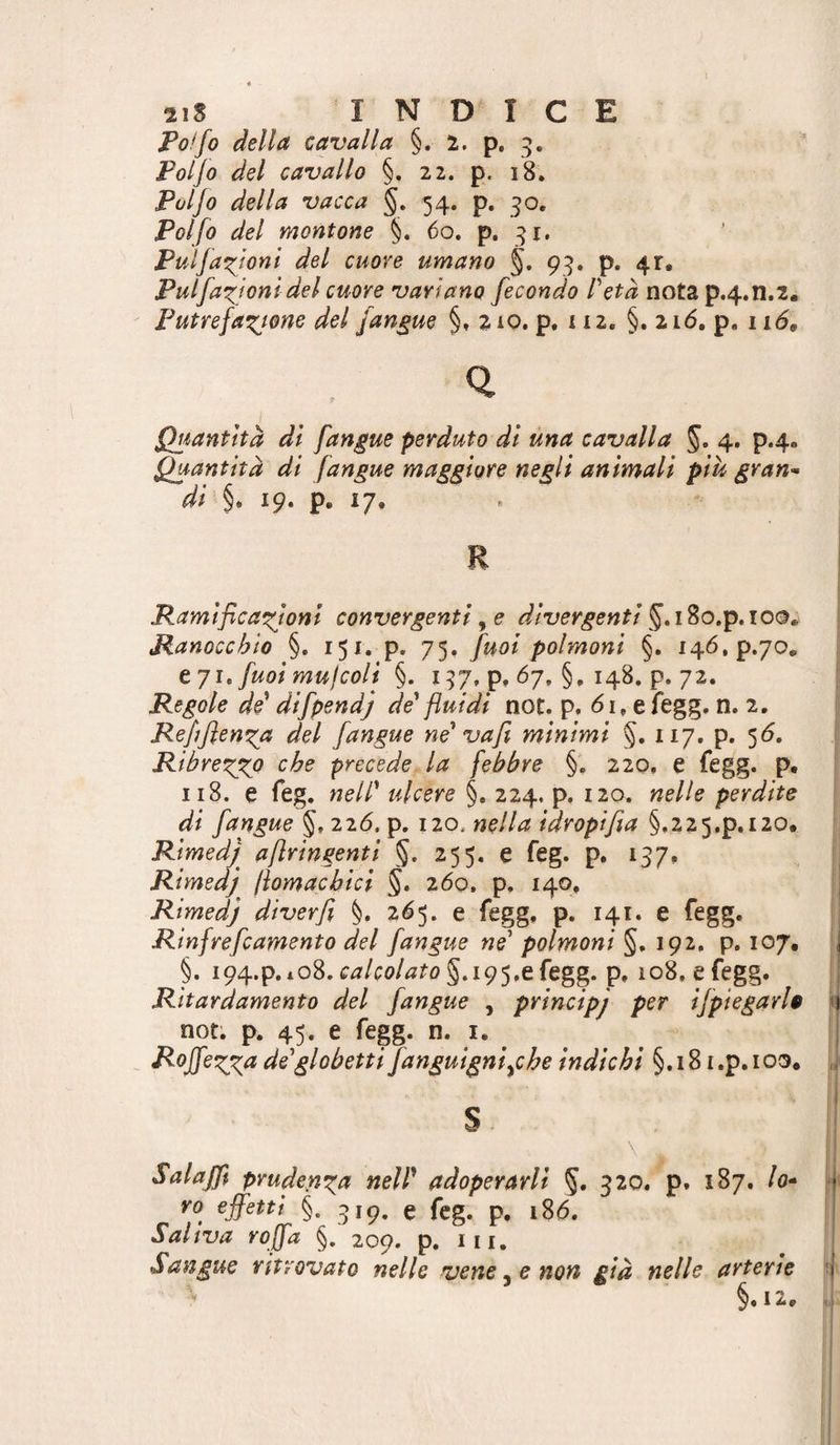 Fo/fo della cavalla §. 2. p. 3. Poljo del cavallo §. 22. p. 18. Poljo della vacca §. 54. p. 30, Polfo del montone §. 60. p. 31. Fui fazioni del cuore umano §. 93. p. 41, Pulfaxjonidel cuore variano fecondo Petà nota p.4.n.2. Putrefazione del fanone §» 2 io, p. 112. §. 21Ó. p. 116, Q Quantità di [angue perduto di una cavalla §. 4. p.4. Quantità di [angue maggiore negli animali più gran-> di §. 19. p. 17. Ramificazioni convergenti ^ e divergenti Ranocchio §. 151. p. fuoi polmoni §. i4Ó,p.7o. tji, fuoi mujcoli §. 137, p, 67, §, 148. p. 72. I' Regole di difpendj de* fluidi not. p. e fegg. n. 2. Refiflenza del [angue ne' va fi minimi §, 117. p. ^6, Ribrezzo che precede la febbre §. 220. e fegg. p. ' 118. e feg. nell' ulcere §. 224. p. 120. nelle perdite di [angue §,2 2(5. p. 120. nella idropifia §,2 2 5.p.i20, Rimedf aflringenti §. 255, e feg. p. 137. Rimedj jìomacbici §. 260. p, 140, 1 Rtmedj diverfi §. 2^5. e fegg, p. 141. e fegg. Rinfrefcamento del [angue ne' polmoni §, 192, p. 107, ^ §. 194.P,i08. §.195,6 fegg. p, 108, e fegg. \ì Ritardamento del [angue , principj per i[piegarl$ not. p. 45. e fegg. n. i. Poffezz^ de globetti[anguigni^che indichi §,181,p. I03. Salajfi prude.nza nell' adoperarli §. 320. p. 187, /o- f ro effetti §. 319, e feg. p, i8(5. Saliva Yoffa §. 209. p. iii. Sangue ritrovato nelle venere non già nelle arterie - §.I2. .