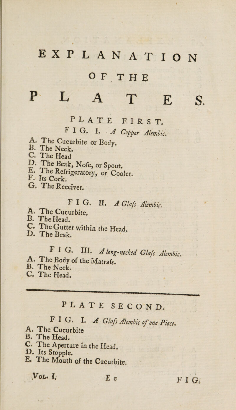 EXP LAN AT ION O F T H E PLAT ES. plate first, £ I G. I. A Copper Alembic, A. The Cucurbite or Body. B. The Neck. 7 C. The Head P9 T he Beak, Nofe, or Spout. L. The Refrigeratory, or Cooler. F. Its Cock. G. The Receiver. FIG, II, A Glafs Alembic, A. The Cucurbite. B. The Head, C. The Gutter within the Head. D. The Beak. FIG, III. A long-necked Glafs Alembic. A. The Body of the Matrafs, B. The Neck. C. The Head. plate second. FIO. I. A Glafs Akmbic of one Piece. A. The Cucurbite B. The Head, C. The Aperture in the Head. D. Its Stopple. E. The Mouth of the Cucurbite, E e yoL. i, F I Q9