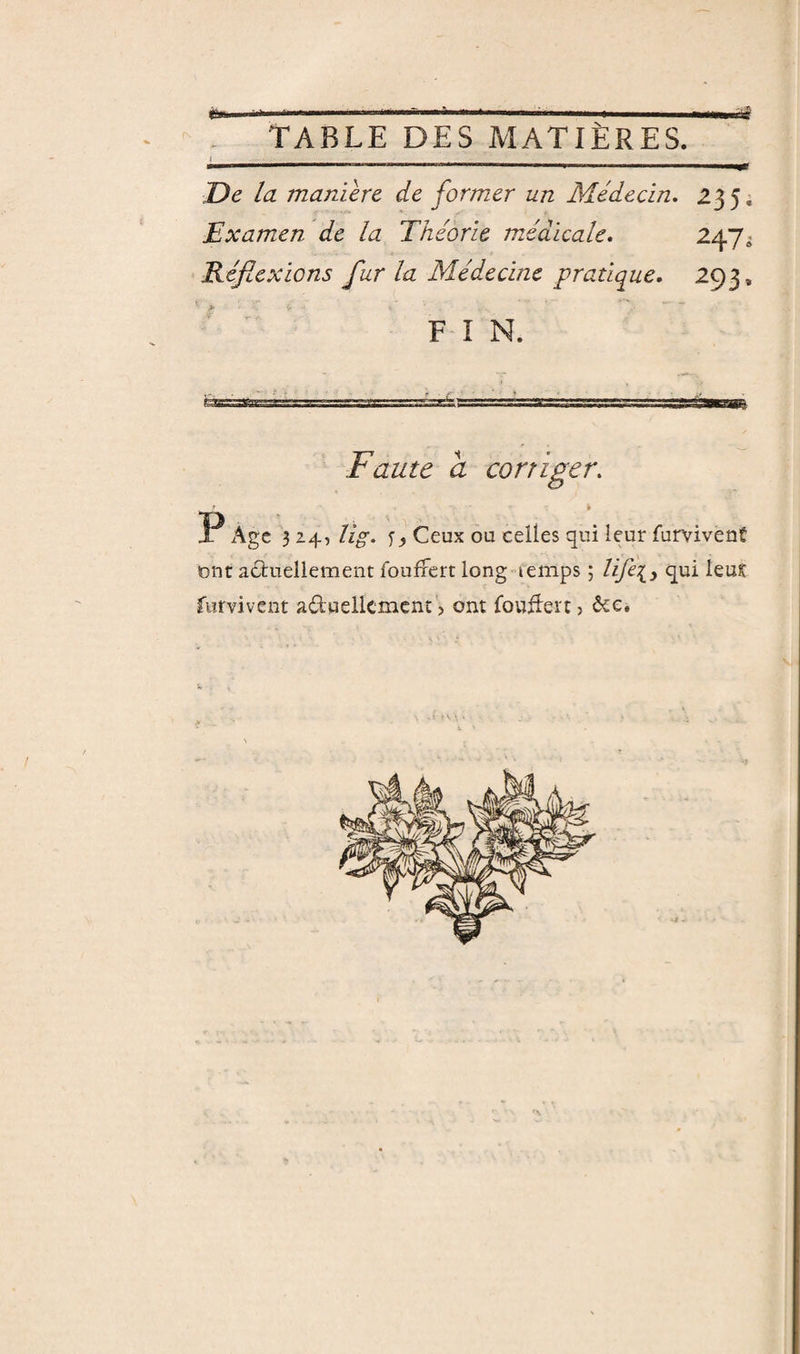 - TABLE DES MATIÈRES. De la maniéré de former un Médecin, 23 5 i Examen de la Théorie médicale, 247i Réflexions fur la Médecine pratiq^ue, 293, F-I N. Faute a corriger, P Age 3 24, lig. f J, Ceux ou celles qui leur furvivent ont actuellement foufFert long-iemps ; iiEt.y qui ieus furvivent adwellcment &gt; ont fouHert ) ôcc.