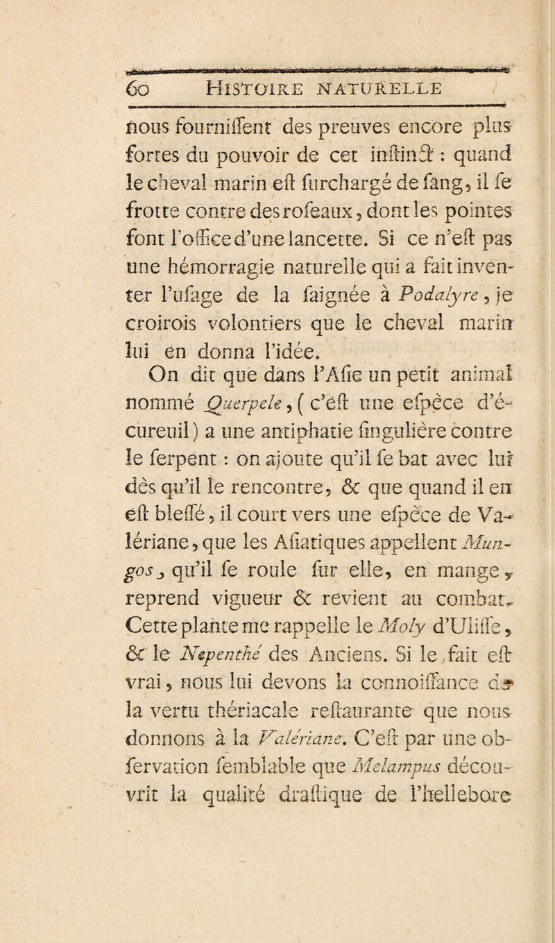 nous foLirniflent des preuves encore plus fortes du pouvoir de cet ioftinS: : quand le cheval marin eft furchargé de fang, il fe frotte contre desrofeaux, dont les pointes font rorFice d’une lancette. Si ce n’eft pas une hémorragie naturelle qui a fait inven¬ ter l’iifage de la faignée à Podalyre, je croirois volontiers que le cheval marin lui en donna l’idée. On dit que dans i’Afie un petit anima! nommé Qucrpck, ( c’èfl une efpéce d’é-' cureuil) a une antiphatie ftiigulière contre le ferpent : on a) ou te qu’il fe bat avec lui dès qu’il le rencontre5 &amp; que quand il en eft bleffé, il court vers une efpèce de Va¬ lériane, que les Aliatiques appellent Mun- gosj, qu’il fe roule fur elle, en mange y reprend vigueur 6c revient au combat. Cette plante me rappelle le Mofy d’Uiiilé, ôc le Nêpenthé des Anciens. Si le fait eil vrai 5 nous lui devons la connoiffance la vertu thériacale reflaurante que nous donnons à la Valériane, C’efî par une ob- fervation femblable que Mdampus décou¬ vrit la qualité draftique de l’helieboi'e