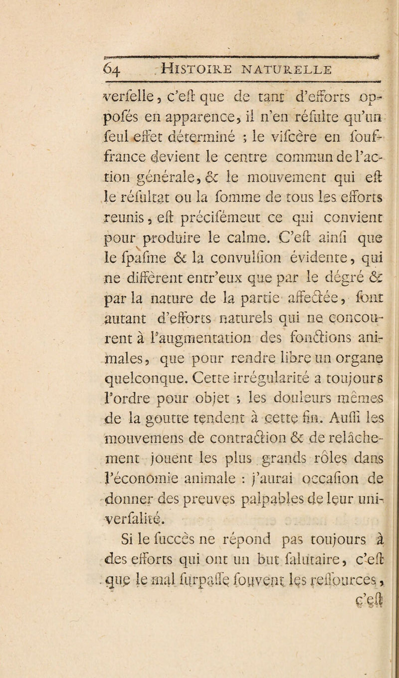 verfelie 3 c’eil que de tant d’efforts op- pofés en apparence 3 il n’en réfiilte qu’un feul effet déterminé ; le vifcêre en fouf- france devient le centre commun de l’ac¬ tion générale 3 ôc le mouvement qui ell .le réfukat ou la fomme de tous les efforts reunis 3 eft précifémeut ce qui convient pour produire le calme. C’efl ainfi que le fpafme &amp; la convulfion évidente, qui ne différent entr’eux que par le dégré &amp; parla nature de la partie alfeâée, font autant d’efforts naturels qui ne concou¬ rent à Faugmentatioa des fondions ani¬ males 3 que pour rendre libre un organe quelconque. Cette irrégularité a toujours l’ordre pour objet *, les douleurs memes de la goutte tendent à .cette fin. Aufii les mouvemens de contradion &amp; de relâche¬ ment jouent les plus grands rôles dans l’économie animale : j’aurai occafion de 'donner des preuves palpa’ples de leur uni- verfalité. Si le fuccés ne répond pas toujours à des efforts qui ont un but faluraire, c’eff . que le mal furpaffe fonvent les reüburces y e’efli