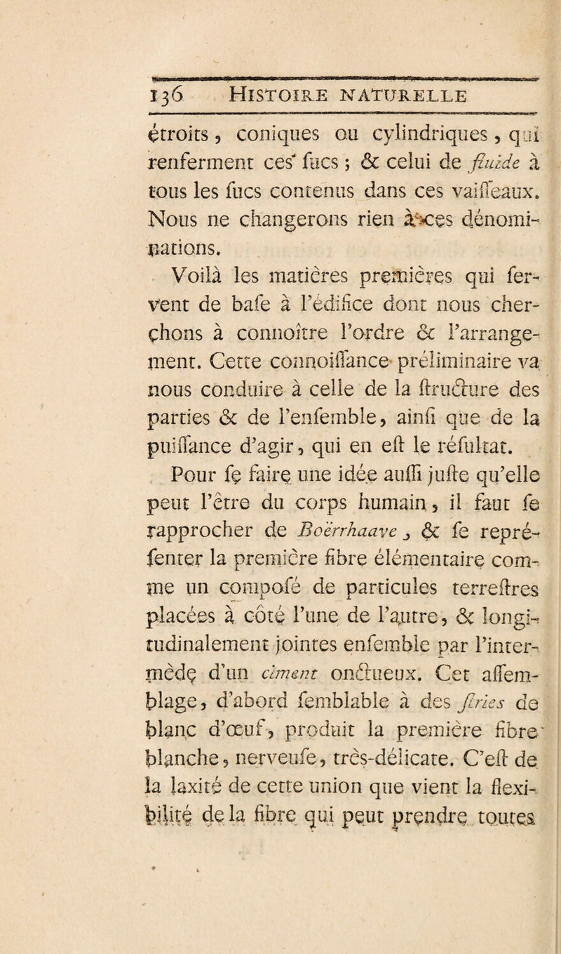 étroits 3 coniques ou cylindriques , qui renferment ces focs ; ôc celui de fluide à tous les focs contenus dans ces vaiffeaux. Nous ne changerons rien à'icçs dénomL nations. . Voilà les matières premières qui fer¬ vent de bafe à rédifce dont nous cher¬ chons à coniîoître l’ordre ce Farrange- ment. Cette connoiffance- préliminaire va nous conduire à celle de la ftruélure des parties &amp; de Fenfemble, ainfi que de la puiiTance d’agir, qui en eft le réfokat. . Pour fç faire une idée auffi jufte qu’elle peut l’être du corps humain , il faut fe rapprocher de Bcerrkaave j &amp; fe repré- fenter la première fibre élémentaire com¬ me un compofé de particules terreilres placées à côté Fune de l’autre, ôc longk mdinalement jointes enfembie par Finter- mèdç d’un ciment onélueux. Cet aflem- blage, d’abord femblabie à des Jlrks de blanc d’œuf, produit la première fibre' blanche, nerveufe, très-délicate. C’eft de la laxité de cette union que vient la fiexi- bîlité àQ la fibre qui peut prendre toutes