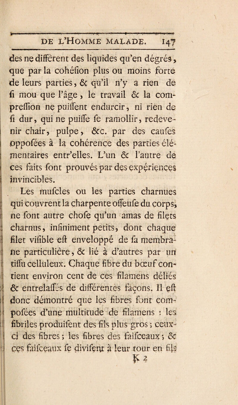des ne différent des liquides qu’en dégrés^, que par la cohéfion plus ou moins forte de leurs parties, &amp; qu’il n’y a rien de fi mou que l’âge, le travail &amp; la com- prefïïon ne puiffent endurcir, ni rien de fi dur, qui ne puifle fe ramollir, redeve¬ nir chair, pulpe, ôcc. par des caufes Dppofées à la cohérence des parties élé¬ mentaires entr’elles. L’un &amp; l’autre de ces faits font prouvés par des expériences invincibles. Les mufcles ou les parties charnues qui couvrent la charpente olTeufe du corps, I ne font autre chofe qu’un amas de filçîs charnus, infiniment petits, dont chaque filet vifible eft enveloppé de fa nierubra- ne particulière, ôc lié à d’autres par un tiffu celluleux. Chaque fibre du bœuf con* tient environ cent de ces filamens délies I ôc entrelafles de différentes façons. Il çft I! donc démontré que les fibres font corn- !l pofées d’une multitude de filamens : les ! 1 fibriles produifent des fils plus gros ; ceux- ! il ci des fibres les fibres des faifceaux i ôc J ces faifceaux fe divifeut a leur tour en filf