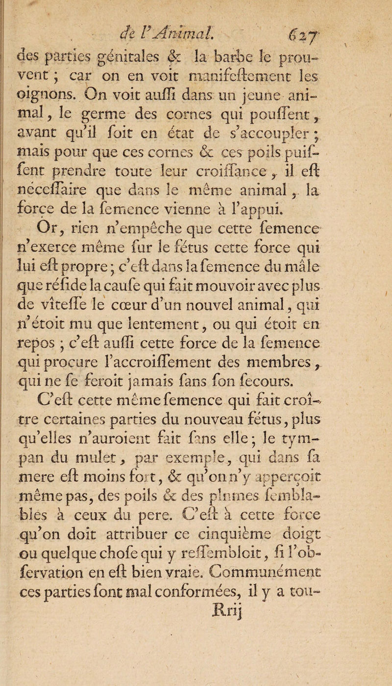 des parties génitales & la barbe le prou¬ vent j car on en voit manifeftement les oignons. On voit auffi dans un jeune ani¬ mal ? le germe des cornes qui pouffent avant qu’il fuit en état de s’accoupler ; mais pour que ces cornes & ces poils pall¬ ient prendre toute leur croiffance il eft néccffaire que dans îe même animal , la force de la femence vienne à l’appui. Or, rien 11 empêche que cette femence n’exerce même fur le fétus cette force qui lui eft propre ; c’eft dans la femence du mâle que réfide la caufe qui fait mouvoir avec pl us de viteffe le cœur d'un nouvel animal, qui n’étoit mu que lentement, ou qui étoit en repos ; c’eft auffi cette force de la femence qui procure Faccroiffement des membres , qui ne fe feroit jamais fans fon fecours. C’eft cette même femence qui fait croî-* tre certaines parties du nouveau fétus, plus qu’elles n’auraient fait fans elle; le tym¬ pan du mulet, par exemple, qui dans fa rnere eft moins fort, & qu’on n’y apperçoit même pas, des poils & des plumes fembla- bies à ceux du pere. C’eft: à cette force qu’on doit attribuer ce cinquième doigt ou quelque chofe qui y refiemhlcit, fi l’ob- fervation en eft bien vraie. Communément ces parties font mal conformées, il y a tou» Rrij