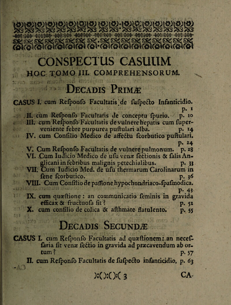 CONSPECTUS CASUUM HOC TOMO JII. COMPREHENSORUM. * . ' i , . * - : ^ ‘ Decadis Primae CASUS I. cum Refponfb Facultatis]de fufpefto Infanticidio. P- ’ ^ .11. cum Relponfo Facultaris Je conceptu ipurio. p. lo i III, cum Relponfo FacuItatisdevulnereh'epatiscumfuper- veniente febre purpurea puftulari alba, p. 14 IV. cum Confilio Medico de afFeiiu fcorbutico puftulari. P- ^4 , V. Cum Relponfo Facultatis de vulnere pulmonum, p. iS VI. Cum luJicio Medico de ufu ven^e feftionis öc falisAn- glicaniinfebribus maiignis petechialibus. p* 31- VII. ' Cum ludicio Med. de üfu thermarum Carolinarum in ^ fene fcorbutico. p* 3^ VIII. Cum Conßlio de pafltone hypochondriaco.Ipafmodica. p. 45 IX. cum quseftione: an comriaünicatio feminis in gravida efficax Öc frucluofa fit ? P« 5* X. cum confilio de colica & afthmate flatulento. p. 55 t > Decadis SEcuNDiE CASUS I. cum Refponfo Facultatis ad qu^eftionem: an neceC- {aria fit wenx feäio in gravida ad prascavendum ab or- tum ? p. 57 n, cum Refponfo Facultatis de fulpeclo infanticidio, p. Ö3