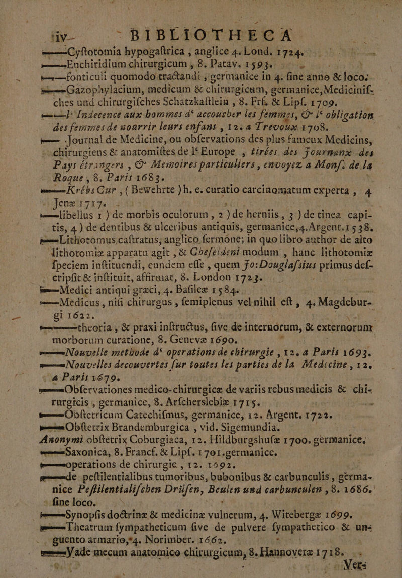 o. -BSIBEDOTHERA 2 ——Cyftotomia hypogaltrica , anglice 4.Lond. 1724. 0 ^ —-Enchiridium chirurgicum , 8. Patav. 159 d. TUN NOU ——fonticuli quomodo tra&amp;andi , Es in 4. fine anno &amp; loco. — Gazophylacium, medicum &amp; chirurgicum, germanice, Medicinif- ches und chirutgifches Schatzkalllein , 8. Erf. &amp; Lipf. 1709. eo]: Indecence aux bommes d* accouzber les femmes, O it obligation des femmes de uonrrir leurs enfans , 12.4 Trevoux. 1708. =— Journal de Medicine, ou obfervations des plus famcux Medicins, - chirurgiens &amp; anatomí(les de ]* Europe , tirées des Journanx des Pays étrangers , O Memoires particuliers y EMDOJEZ a Mon/: de. la Rogue, 8. Paris 1683. m Krébs Gur ,( Bewehrte nt €» curatio carciaomatum SEPIA ar! Joe Jia 4 | —Àlibellus 1 ) de morbis elec” : ) de herniis, 3 ) de tinea capi- tis, 4.) de dentibus &amp; ulceribus antiquis, germanice,4. Argent.1538. DNA cán Sida ors anglico fermóne; in quo libro author de alto Aithotomiz apparatu agit , E Gbefeideni modum , hanc lithotomiz fpeciem inftituendi, eundem effe , quem fo: Douglafsius primus def- . « etipfit &amp; inftituit, afimas, 3. London 1723. — à Medici antiqui greci, 4. Bafilez 1 584» — Medicus , nifi chirurgus , (emiplenus vel mihi et. 4 Magdcbur- gi 1622. 4 e theoria y S praxi inftruétus, TE de1 internorum, &amp; externorum: morborum curatione, 8. Geneve 1690, M Nouvelle methode d* operations de ebirurgie , 12,4 Paris 1693. Nouvelles decomuertes far toutes les parties de la Medteine , 12. |: 4 Parit 1679. — Obíervationes medico-chirurgice de variis rebus medicis &amp; chi- rurgtcis , germanice, 8. Arfcherslebix 1715. r I dece Ob erficur Catechifmus, germanice, 12. Árgent. 1722. m Obftetrix Brandemburgica , vid. Sigeniundia. | Anonymi oblterrix Coburgiaca, 12. Hildburgshufz 1700. germanice, Saxonica, 8. Francf. &amp; Lipf. 1701. germanice. ( operations de chirurgie , 12. 1692. edo peftilentialibus tumoribus, bubonibus &amp; carbunculis , gérma- nice Peffilentialifchen Drüfen, Denm usd er s > 9. 1686. - fine loco. > Sy nopíis do&amp;rinz &amp; medicine valida. 4. Witeberge 169 9. e l'heatrum fympatheticum five de pulvere MP IcHcO &amp; un guento armario,*4. Norimber. 1662. | e Y ade mecum anatomico cHügsrgieun, 8. Hannovere 1718, T- UEM | | | EM.