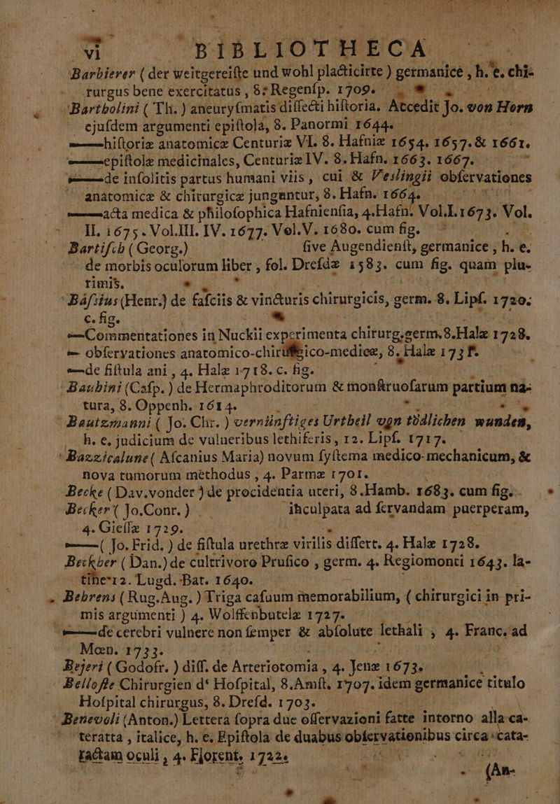 i ] ad su ET NA, Ww. aj&amp;proTvMEOCA Barbierer (der weitgereifte und wohl pla&amp;icirre ) germanice h. e. chi- . ejufdem argumenti epiftola, 8. Panormi 1644. - ——]6piftole medicinales, Centuriz IV. 8. Hafn. 1663. 1667. ' anatomice &amp; chirurgice junguntur, 8. Hafn. 1664. IL 1675. Vol.IIL IV. 1677. Vel.V. 1680. cum fig. * v de morbis : ape liber , fol. Drefdz 1583. cum hs. quam plu- rimis. $: c. fig. * —Commentationes i in Nuckii experimenta chirurg; serm.3. Hale 1728. e- Obferyationes anatomico- chirlbico-medier, 8. Hale 17 3 K de fifttula ani, 4. Hale 17 18. c. fig. tura, 8. Oppenh. 1614. h. e. judicium de vulneribus lethiferis, 12. Lipf. 1717. nova tumorum méthodus, 4. Parmz 1701. —— — Becke ( Dav.vonder ) de dips uteri, 8.Hamb. 168 3. cum HN Becker ( Jo.Conr. ) . ihculpata ad fervandam puetpetam, 4. Giellz 1929, 514 -—( To. Frid. ) de fiftula urethrz EIS differt. 4. Hale 1728. Beskber ( Dan.) de cultrivoro. Prufico , germ. 4. Regiomonti 1643. la- tihe2. Lugd. Bat. 1640. - E Bebrens ( Rug. “Aug. ) Triga cafuum memorabilium, ( chirurgici i in pri- mis argumenti ) 4. Wolffenbutelz 1727. Man. 1733 Bejeri ( Godofr. ) diff. de Artéti dritto 4. Jene 1673. Bellofle Chirurgien d* Hofpital, 8. Amft, 1707. idem germanice titulo Hofpital chirurgus, 8. Drefd. 1703. teratta , italice, h. €. Epiftola de duabus obieivstlonibus e eirca ucata- Lo oculi , 4. Ejorent, 1722. AS e ER UNS NT PL duce ái