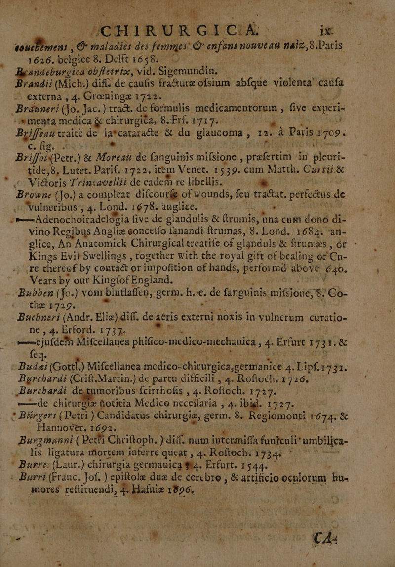 adiit e nando des femmes: [od enfans ouvt au maiz,8 Paris 1626. bclgice 8. Delft 1658. UN | Brandeburgica obfletria, “vid. Sigemundin. 0 à Brasdii (Mich-) dif. de caufis fra&amp;ure ofsium abfque violenta canía . externa , 4. Groeningz 1722. Bránneri ( (Jo. Jac.) ) traér. de formulis medicamentorum , live experi menta medica &amp; chirurgica, 8. Frf. 1717. LR Biifzau traite de Jarcararado a du pad y 1e à Paris ?170. C. fig. O e q BriffoiqPetr. )&amp; Moreau de fanguinis mifsione , preste in pleuri- tide,8, Lutet. Parif. 1722. ittm Venet. 1539. cum Matth. Qi e Viteri Trincavellii de cadcm re libellis. : Browne (Jo.) a compleat difcourfg of wounds, fcu Eu períetus de vulneribus ; 4. Lond. 1678. anglice. | a cad CU E ——Adenochoiradelógia five de glandulis &amp; (lrumis, hna cum dóhá di- vino Regibus Angliz eonceffo fanandi ftrumas, 8. Lond. 1 684. an- glice, An Anatomick Chirurgical treatife of glanduls &amp; firumas , ór Kings Evil Swellings , together with the roy al gift of bealing or TOW .re thereof by conta&amp; or impofition of hands, Rue db 540. Vears by our Kinglof England. | Babben (Jo.) vom b blutlaffen, germ. h. €. . de fanguinis mifjóne, > Se a roe 37295 Bucbneri (Andr. Elix) diff. de aeris externi noxis in vulnerum curatio- ne, 4. Erford. 1737. | aja Mifcellanea phifico. medico-mechanica y dis Erfurt 1 173 3 1. feq. E Budd) (Got) Mifeslbiien medico- dic yp ud 4. Lipf.t 7 31. Burchardi (Crift.Martin.) de partu difficili , 4. Roftoch. 1726, Burchardi deumoribus fcirrhofis , 4. Roftoch. 1727. | de chirurgie ñotitia Medice neceffaria , 4. ibid. 1127 Bürger: ( Petri ) Candidatus puse. germ. 8. Regiomonti ET &amp; Hannover. 1692. . ^ | Burgmanni ( Petfi Chriftoph. dif. num iptesmiffa fankculi: wumbilica- lis ligatura mortem inferre queat , 4. . Roftoch. 17 44 ! | Burre: (Laur. ) chirurgia germanica t4. Erfurt. 1544. - Burri (Franc. Jof. ) epiftola duz de cere bre 7 , E o ocnlorom Bu. | Lobos Roo 4 pus Mer QM | LI