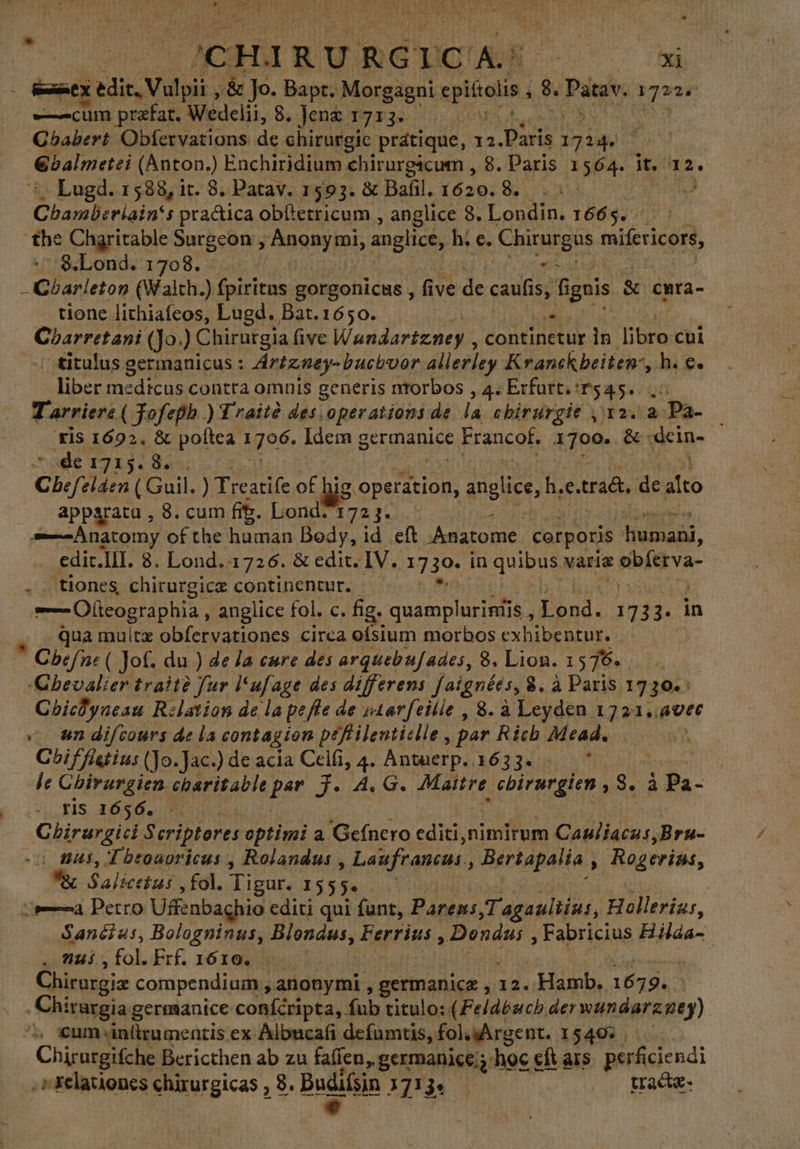* JCHIRURGCICA.: Xi s: Bent edit, Vulpii , ¿$e Jo. Bapt. Morgagni epitolis. 3, Patav. iri —-cum prefat. Wedelii, 8. Jenz 1713. Chabert Obfervations de chirurgic prátique, 12 iris 1724. balmetei (Anton.) Enchiridium chirurgicum , 8. Paris 1 du it. 12. - Lugd. 1538, it. 8. Patav. 1593. &amp; Bafil. 1620. Y Chamberlara: s practica obltetricum , anglice 8. Londin. 1665. the Chgritable Surgeon , ¡AQUI anglice, h. €. Chirurgus mifeicor S.Lond. 1708... ead RO UA (Walth.) fpiritus gorgonicus , five de caufis, fignis &amp; cuta- tione lithiaífeos, Lugd. Bat. 1650. Urat riam (Jo) Chirurgia five Wandartzney , Con in libro cul titulus germanicus : Ártzmey- bucbvor allerley Kranckbeiten:, hi e. liber medicus contra omnis generis nrorbos , 4«Erfurt.tr545+. 0 T arriere ( fofepb ) Traité des operations de la chirurgie ,12. a Pa — ris 1692. &amp; poltea 1796. Idem germanice Francof. 1400 &amp;: rad ^ de1715. 8.. Chefeláen ( Guil. ) Treatife of bis operation, anglice, h. earad, de alto apparatu , 8. cum fit. Lond?172 3. , — Anatomy of the human Body, id eft _Anatome. corporis RM. edic.III. 8. Lond. 1726. &amp; edit. IV. 1730» in Sip varie abla . tiones chirurgicz continentur. — Olicographia, anglice fol. c. fig. quampluriniis , Pond. 1733. 1 in ua multz obfervationes circa ofsium morbos exhibentur. * Chbefac ( ( Jof. du ) de la cure des arquebujades, 8. Lion. 1576. Chevalier trait fur l'ufage des differens Jaígnées, 8. à Paris 1730. Chiclyacau Relation de la peffe de s1arfeilie , 8. à Leyden 17214. pue «un difcours de la contagion pe ¿fAilenticlle, par Rich Mead. iA Cif fisiius (Jo. Jac.) de acia Celfi, 4. Antuerp. 1633. E O Je Chirurgien. charitable. par Jj. 4. G. AMATUR, SUPR ; 3. à Pa- ris 1656. Ghirurgidi $ criptores optimi a Gefnero editi, nimirum Cauliacas, Bru- o4 445, T broaoricus , Rolandus , Laufrancas Berdapaila. Rogerins, e Saliceiás fol Tigur. 15552 — Dea Petro Uffenbachio editi qui funt, Parens Tagauliins, Holleria:, Sancius, Bologninus, Blondus, Ferris, ,Dondus , Fabricius Hiláa- | . iui,fol.Frf. 1610. Chirurgia compendium, anonymi , germanice , .32. Hamb. 1679. | . Chirargia germanice confcripta, fub titulo: (Feldbuch der wundarz Ley) , cum+inlirumentis ex Albucafi defumtis, fol. Argent. 15405. Chine Bericthen ab zu faff en, germanice; hoc eft ars perficiendi «»relationes chirurgicas , 8. Dudifsin 17132 tracte- o |