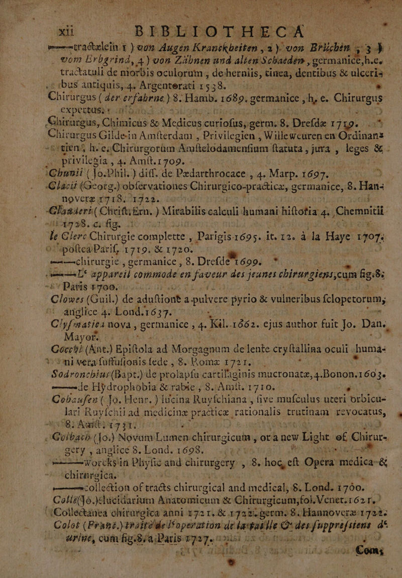 (. vom Erbgrind, 4) von Zabnen und alien Scbatden , germanice, ge tractatuli de niorbis oculorum , de henniis; s dentibus &amp; ulccris - - ibus antiquis, 4. Argenterati 1538. >. End urgus ( der. d t E 8. Hamb. 1689. germanice, D e Chirurgus nbi t dada a. Ghirurgus, Cétiuiod 3 4» rame Cd afia germ. 8. Drefdz 1719. im fosse Gildein Amíterdam , Privilegien , Willewcuren en Ordinans tien h. eo Chirurgorüm AmBelodamenfium ftatuta , jd ; TET &amp;. y privilegia, 4. Amit. 1709. : 3 | -¿Gbunii ( Jo.Phil. ) diff. de Prdarthrocace 4 Marp. (6dxox ovp oS ldcii (Gicolg) obíervationes PS germanice, 8. Han. noverz 1718. 1722. x ln ( Cheift Em. ) Mirabilis ealeili humani litolia: 2m Chemnidik i938. cifig.. .: Y D Clerc Chirurgie Coil Parigis 36955 it. 12. à la Haye 1fT; poftea Parif, 1712. &amp; 1720. e poc. germanice , 8. Drefde 1699. M T appareil commode en ? faveur des jeunes ebirargient.cinm 69: “Parts 1700... Clos (Guil.) de adufiont. a pulvere pyrio. &amp; vulneribus fclopetorum, anglice 4. Lond.1637. Mayor v3 0584 Gocchi (Ant.) Epiftola ad Morgágnum de lente cryl (tallima oculi. huma: mi vera fuffufionis fede , 8. Rome EA Sodroncbiur(Bapt.) de prolapíu cartilaginis mucronatz, 4. Bongi, I $91. ——de Hydrophobia &amp; rabie , 8. TEN 1710. Cobaufeu ( Jo. Henr. ) [ucina R uyfchiana , five mufculus uteri bsbicu- lari Ro hii ad medicine practica, rationalis. trütinam re Xocstus, 8; Albi gr: Un osi ! rien (Jos) Novum. Lomtol Pres ot 2 new : Light ot Cirar- gery , anglicé 8. Lond. 1698. S£: t 9 TITAN ym | zu Worcks in nni» and chirurgery , is hodyed Opera medica- &amp; 'chirnrgica. | — —colle&amp;ion oÉ fidis chirurgical and medical, $. TODAS 1760. | Colis(3ó.)elucidarium Anatomicum. &amp; Chíturgicum,fol. Venet.r62 T, uhi pind chirurgica anni 172 r. &amp; 172 zz germ. 8; Hannovera:172%: ped | OA - ^ 1 P él 4 Y , A WAR 914 a TRA DN 4 2 y - d | 2 i A mE Wl Y * i DEA 7 alea  [DV Lid Ds LA WU adii 00 TERRY e A Can; . > - > * hi June, cum Espacio aia t V d M salia y e