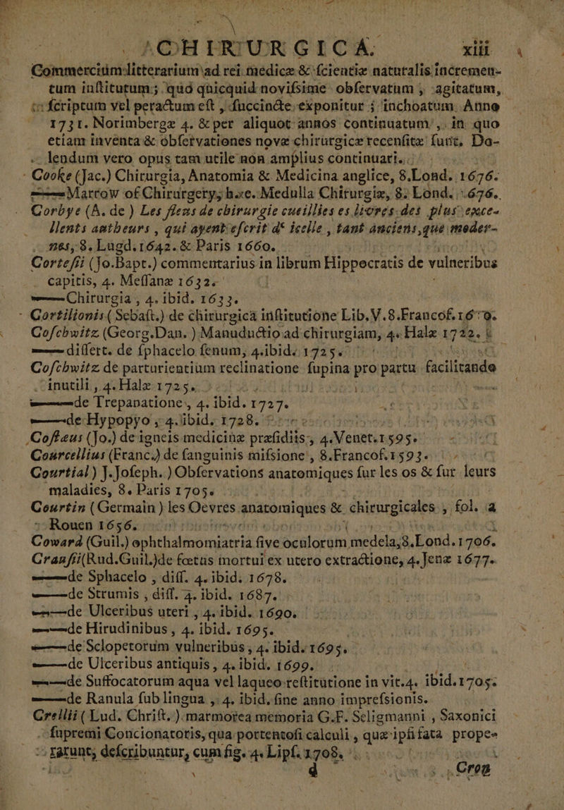 Commercitim:litterarium ad rei medice &amp; fcientiz natutalis.i incremen- tum inftitutum;; quód qhicquid novibsime obfervatum ; agitatum, 1731. Norimbergz 4. &amp; per aliquot annos continuatum ,. in. quo etiam inventa &amp; obfcrvationes nove chirurgica recenfite furit, Da- lendum vero opus tam utile non amplius continuari...: ——Martow of Chirurgety; b.«e..Medulla Chirurgiz, $: Lond. .676.. Corbye (A. de ) Les flens de chirurgie cueillies es bores. des plus exce- llents antbeurs , qui ayentefcrit d* icclle , tant ascia. qui ¡modes 181,8, Lugd. 1642. &amp; Paris 1660. Cortefii ; (Jo.Bapr.) commentarius. in librum Hippecratis de vulneribus . capitis, 4. Meffane 1632. —— Chirurgia , 4. ibid. 1633. Cofcbwitz (Georg.Dan. ) Manuduétio ad ehirirgianh qe Halz RR k Mira de (phacelo fenum, 4.ibid. 1725. QU Cofcbwitz de parturientium reclinatione mdr pro parta facilicando ipaq Halesi2255.2 23! PESOS 0% —— de Trepanatione,, 4 «ibid. 17270 S ORCI PEU. ——de Hypopyo ; 4. ibid, 1728. eso ge TOI Courcellias (Eranc. .) de fanguinis mifsione', 8.Francof.1593. ^»; ^: Courtial) J.Jofeph. )Obfervations vim px no furles os &amp; far eur maladies, 8. Paris 1705. Courtin ( Germain ) les Oevres. anatomiques &amp; chienrgicales y fol. E ¡Romeo 1655, iom ropostme ve AP, (Guil, Vephthalisómiasrid five OuRÍ ordi smedela;&amp;. Lond. i4: Granfi(Rud.Guil.)de feetüs iortui ex utero extractione, 4. Jena quit de Sphacelo , diff. 4. ibid. 1678. ——de Strumis , , diff. 4. Ibid. 1687. ——de Ulceribus uteri , 4. ibid. 1690. | ——de Hirudinibus , 4. ibid. 1695. de Sclopetorum vulneribüs , 4. ibid. 1695, ——-— de Ulceribus antiquis , 4. ibid. 1699. —4de Suffocatorum aqua vel laqueo reftitütione in vit. 4. ibid. 1705: =——de Ranula fub lingua ,. 4. ibid. fine anno imprefsionis. Creilii ( Lud. Chrift. Ya marmorea memoria G.F. Seligmanni , Saxonici SOM Concionatotis, qua.portentofi calculi : SR pir fata prdpee ^ EAU delcibuntnr, cum fig. 4« Lipf. 1708. : | q 4 ; Crop. *