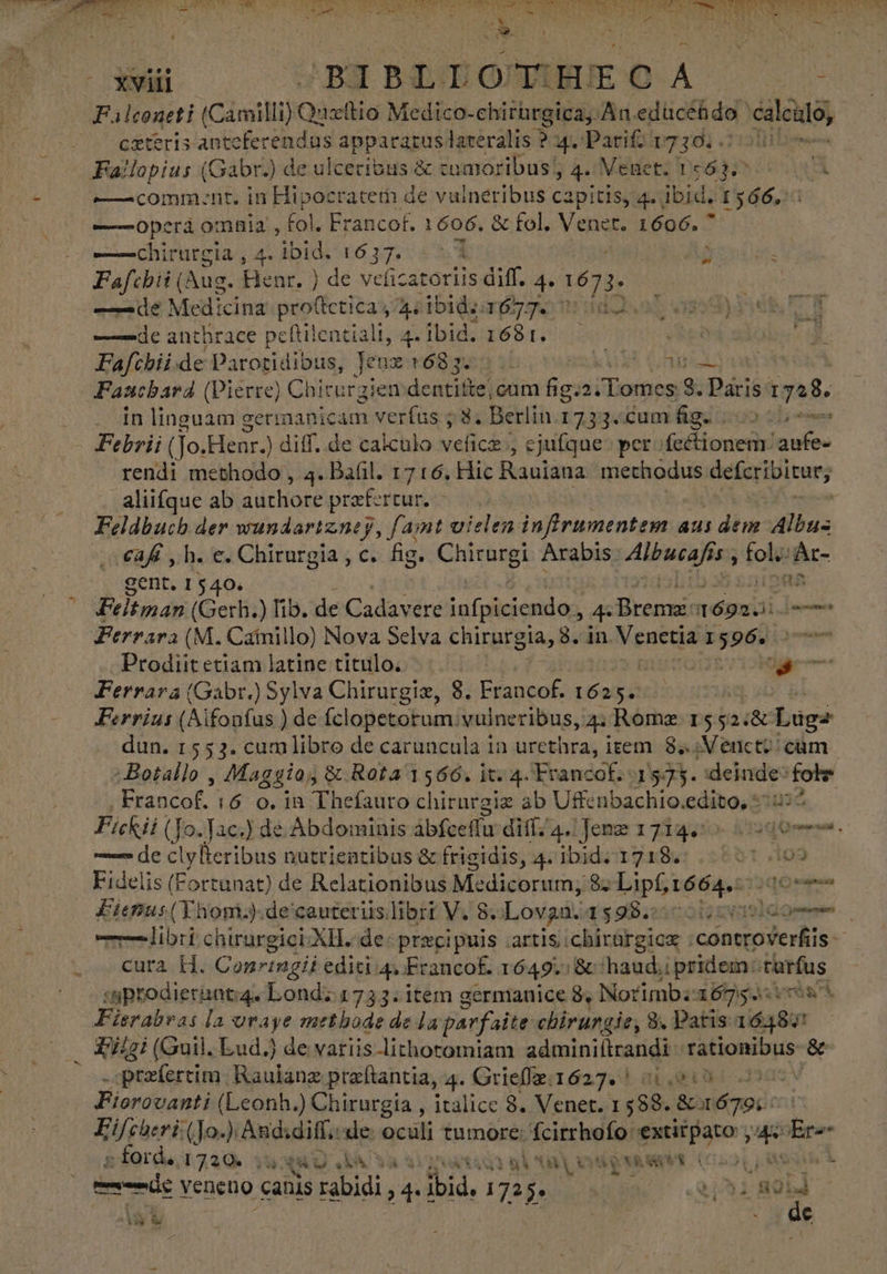 AAA E ADE ME MERA E E AAA Ms E ATA A A AAA rt LAESRS NOS Pd PA LEE ld ri A — Wi CPBRBODONNMIEOA — — ceteris antele iaa apparatus lateralis ? 4. Parif. 17346. tibi «—comment. in Hipocratem de vulneribus capitis, 4. ibid, 1566, ——operá omaia , fol. Francot. 1606. &amp; fol, SUR 1606.  ——Chirurgia , 4. ibid. 1637 i Fafchii( Aug. Henr. ) de velicatoriis diff. 4. 1673. ——de Medicina pro(teticas abi argum dd de UR ——de anthrace peftilentialt, 4. ibid. 1681. — | | : Fafchii.de Paroridibus, Jeux 1683... - ama C Haec Faucbard (Pierre) Chicurgien dentitte; cum fig.2 ;Tomes 3. Paris: 1728. in linguam germanicam verfus ; 8. Berlin Ti ¿om &amp;gu i52 2b Febrii (Jo.Henr.) ) diff. de calculo velice ; ejufque. perfectionem: aufe- rendi methodo , 4. Bafil. 1716. Hic Rauiana methodus defcribitur; aliifque ab authore prefertur, | : Feldbuch der wundartzney, fat vielen inffrumentem. aus 3 die: Hb cafí , h. e. Chirurgia , c. fig. Chirurgi Arabis: eid prn 25 ; fol; e gent. 1 $40. Feltman (Gerh.) lib. de T gens. 4 rec T t6guiii. Dt Ferrara (M. Catnillo) Nova Selva chirurgia, 8 . in iria 1596» Prodiitetiam latine título. |. AE y m Pm Ferrias (Alfoníus ) de (clopetotum: vulneribus, 4. Romz I552: 8 Lugs dun. 1553. cumlibro de caruncula in urethra, item. 8 ¿Veneto cum ¿Botallo , Maggía, &amp; Rota 1566. it. 4. Francof. 1575. deinde: fole . Francof. 16 o. in Thefauro chirnrgie ab Uffcnbachio. aditus ju Fickii( (1o. Tac.) de. Abdominis abfceffu diti; 4. Jenz 1719. 220. — de clylteribus nutrientibus &amp; frigidis, 4. ibid. 1718. 201.109 Fidelis (Fortunat) de Relationibus Medicorum; 82 Lipf, 1664. qon Fienus(Yhoni).de'cautetiislibri V. 8. Lovg2. 1598. udo libri chirurgici.XH. de: precipuis artis :chirúrgicx | comtroverfis | cura H. Conringii edici 4. Francof. 1649. &amp; haud, pridem: dei «ptodierant:4. Lond; 1733. item germanice 8, Notimb:i:16752:58* Fierabvas la or aye methode de la parfaite chirurgie, 8. Patis 16485 L - praíertim Raulanz preftantia, 4. Griefai1627. | 01.010 Pp (Leonh.) Chirurgia , italice 8. Venet. 1588. &amp; Tod Eifcheri (To.) And:diff. de. oculi tumore roma mme y 1 i Ee ; forde. 1720. T SU METRIS ED: y AMA A TS I bh LI As | ^ b de